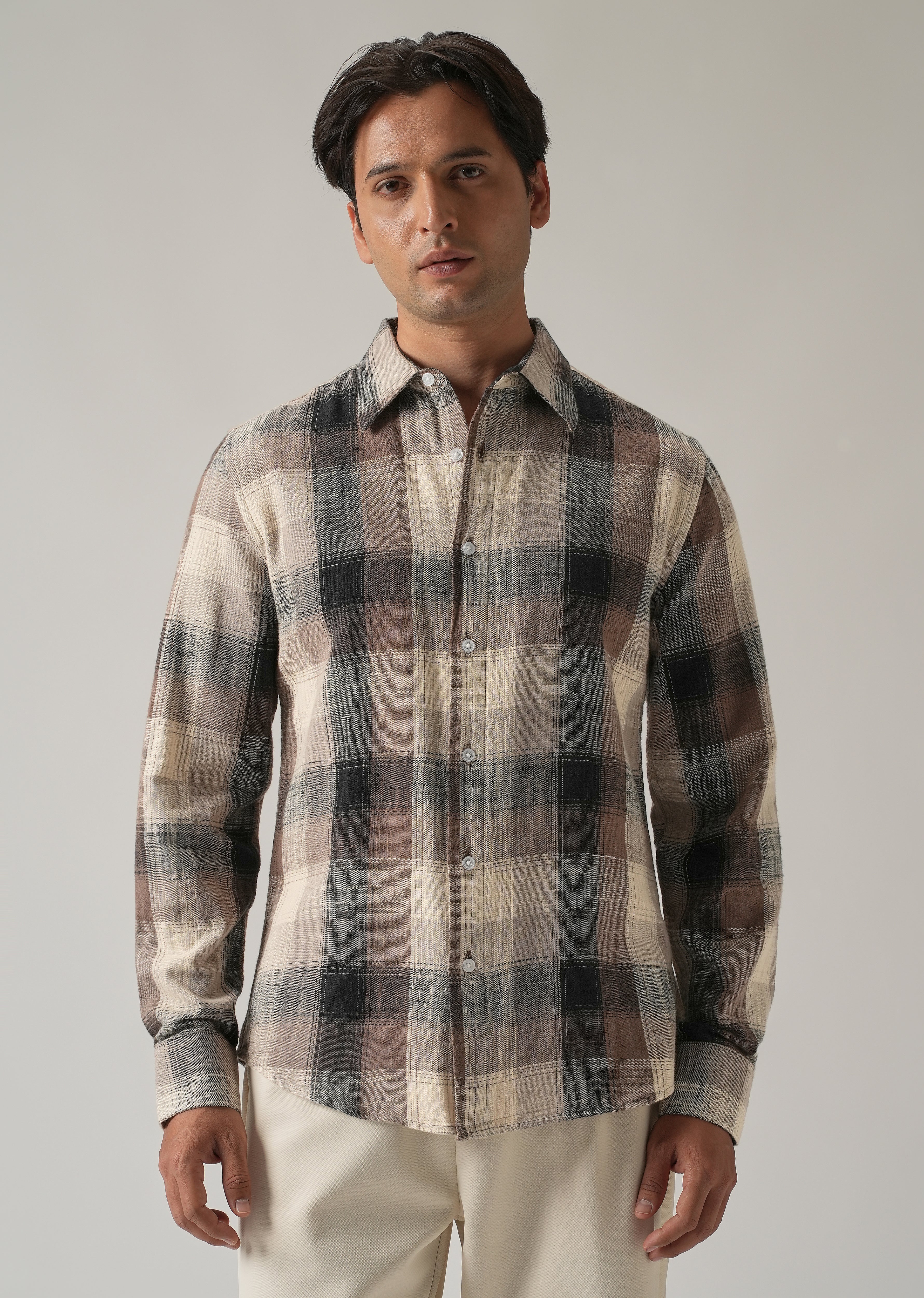 Brown Cotton Linen Box Check shirt - Image 3