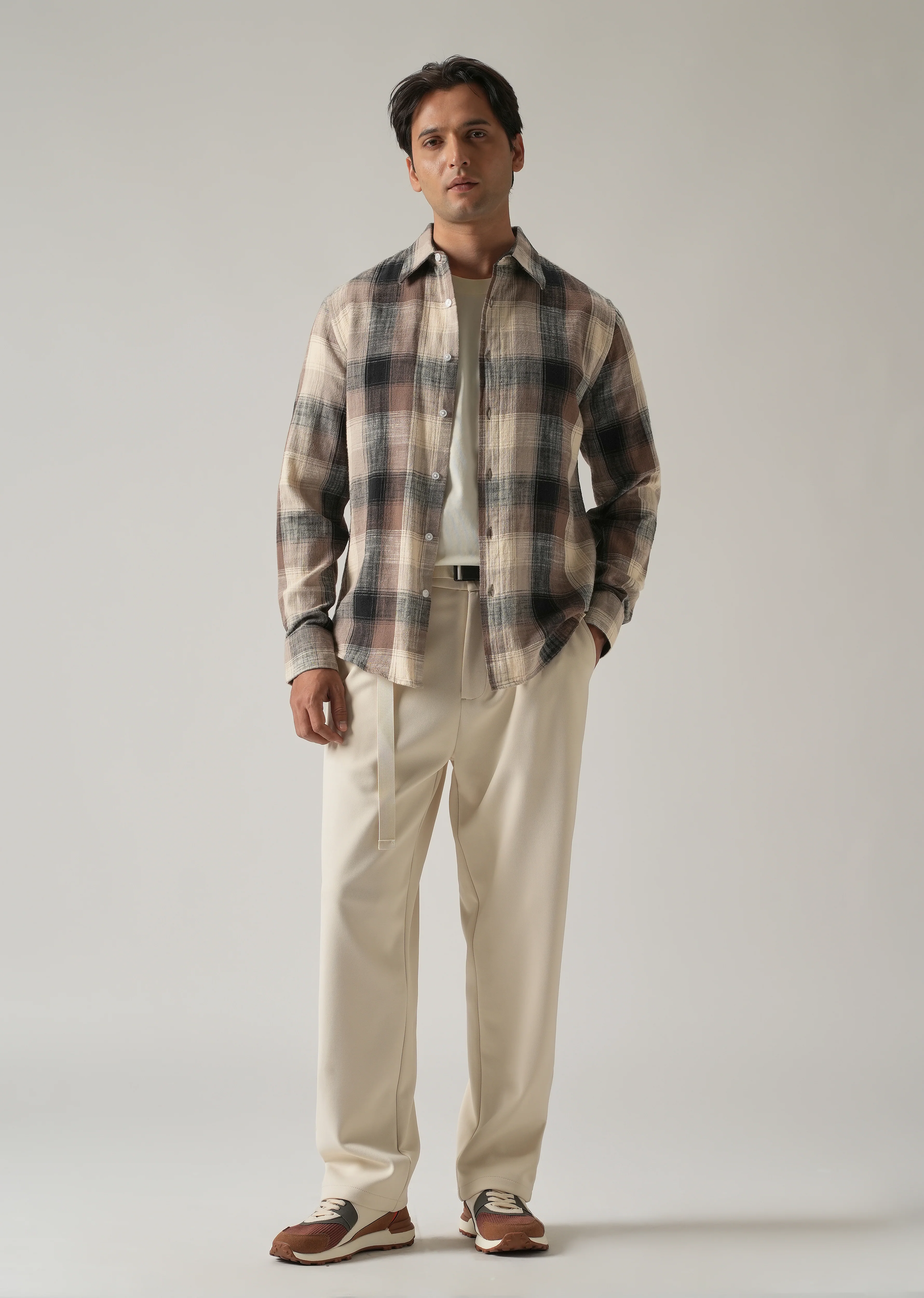 Brown Cotton Linen Box Check shirt - Image 6