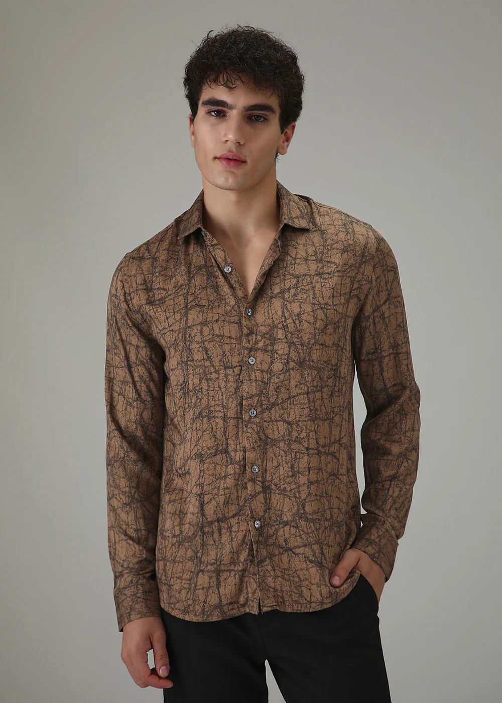 Brown Cracked Abstract Printed Shirt - Image 3
