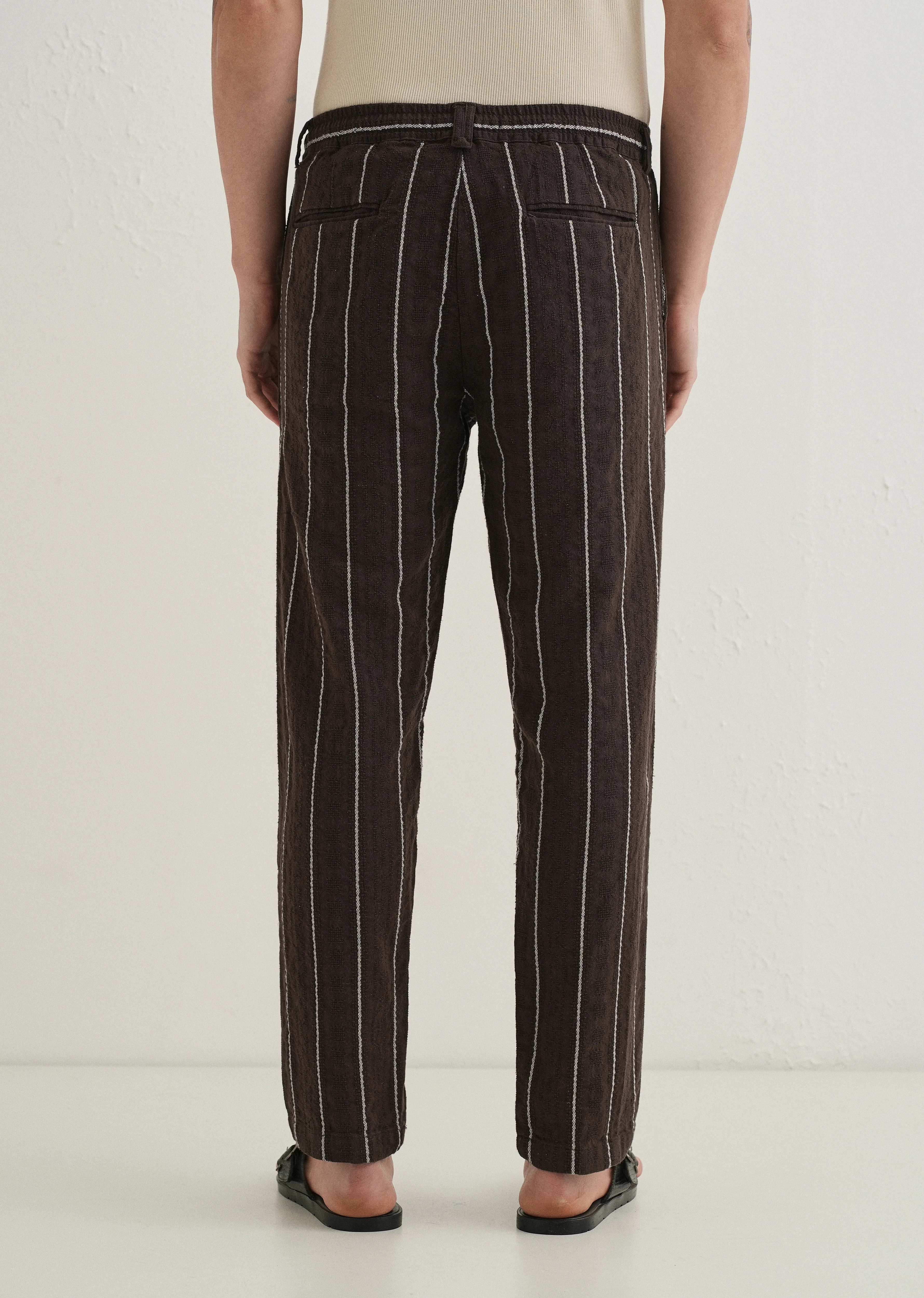 Brown Dobby Cotton Stripe Pants - Image 2