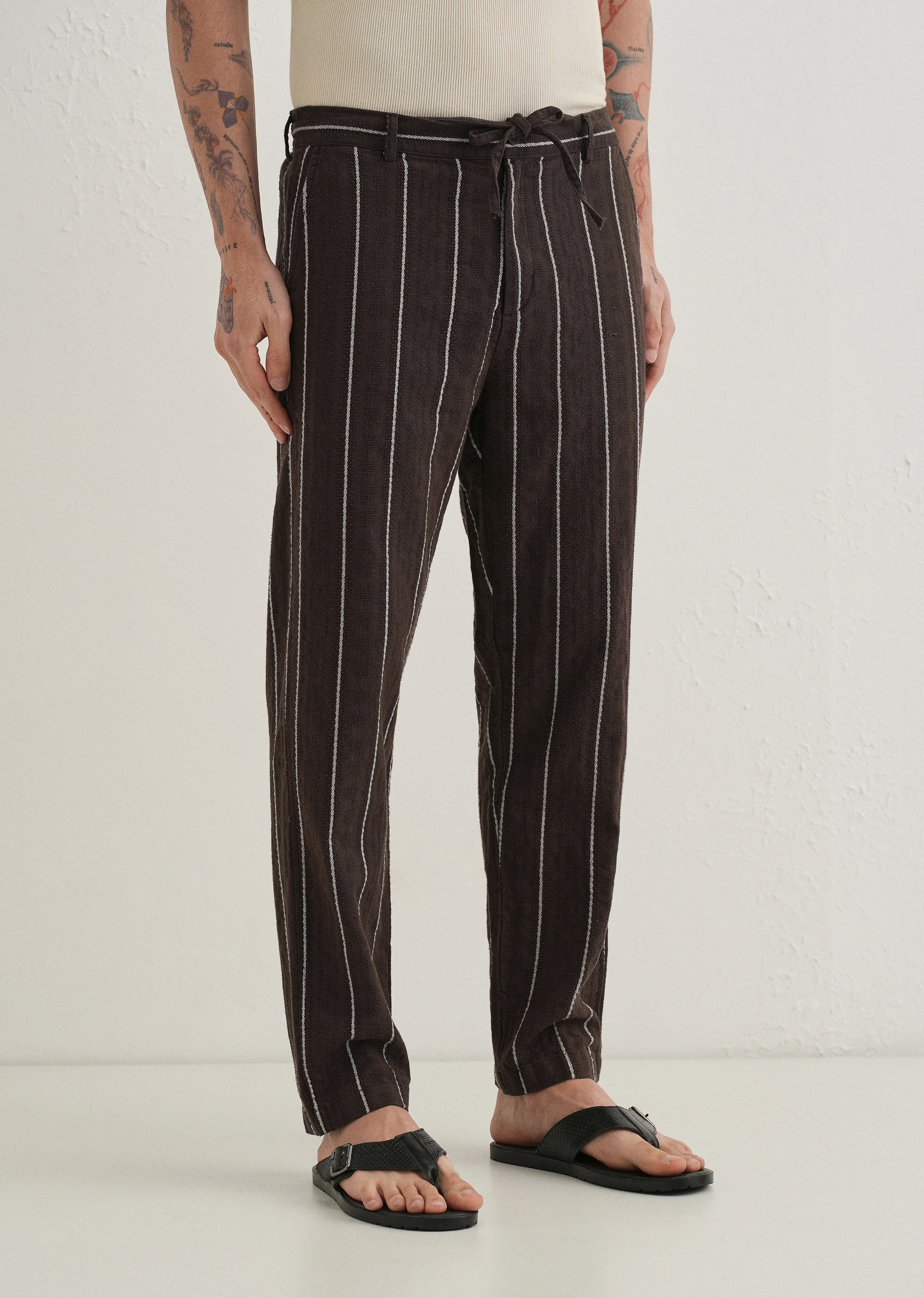 Brown Dobby Cotton Stripe Pants - Image 4