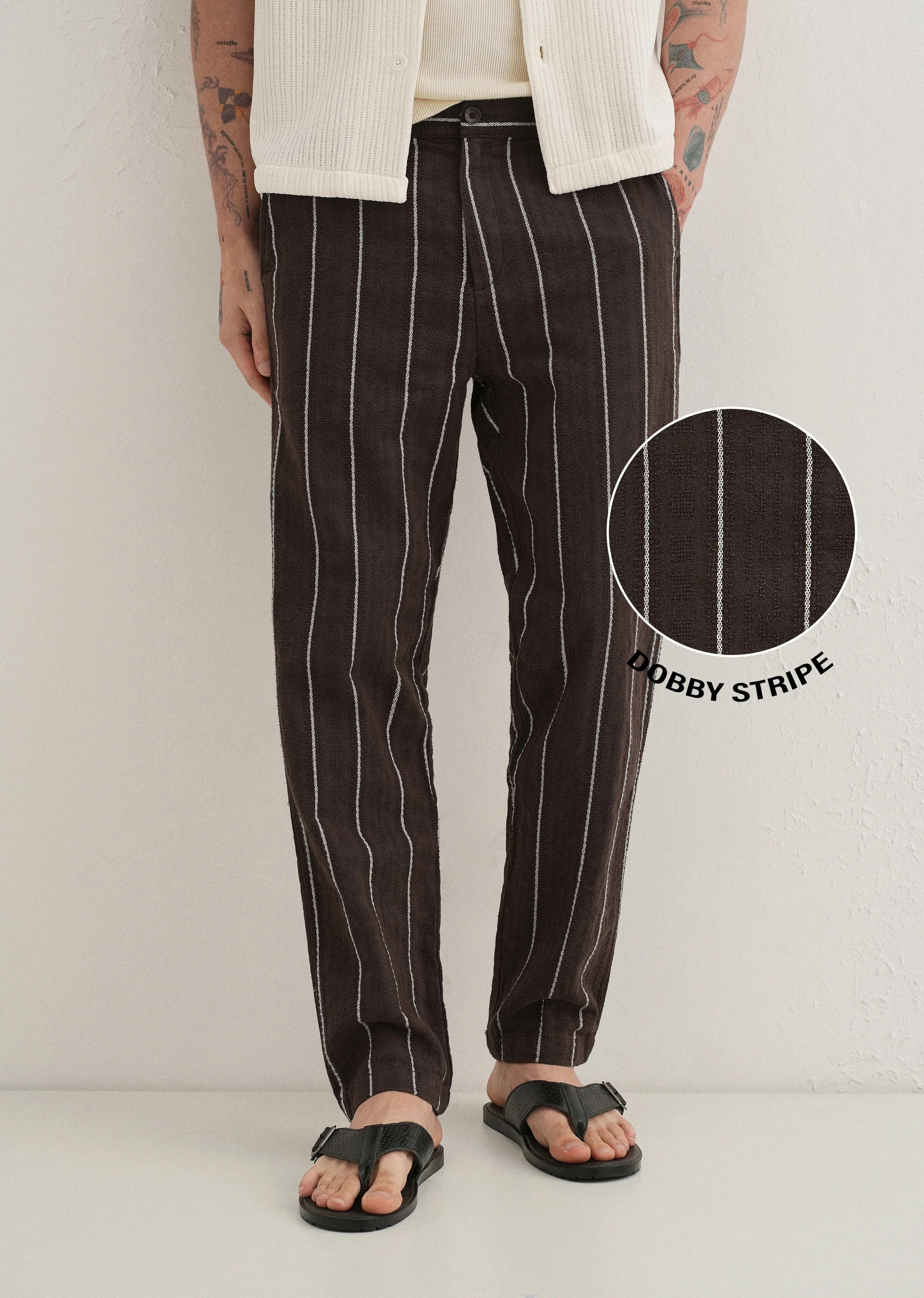 Brown Dobby Cotton Stripe Pants - Image 7