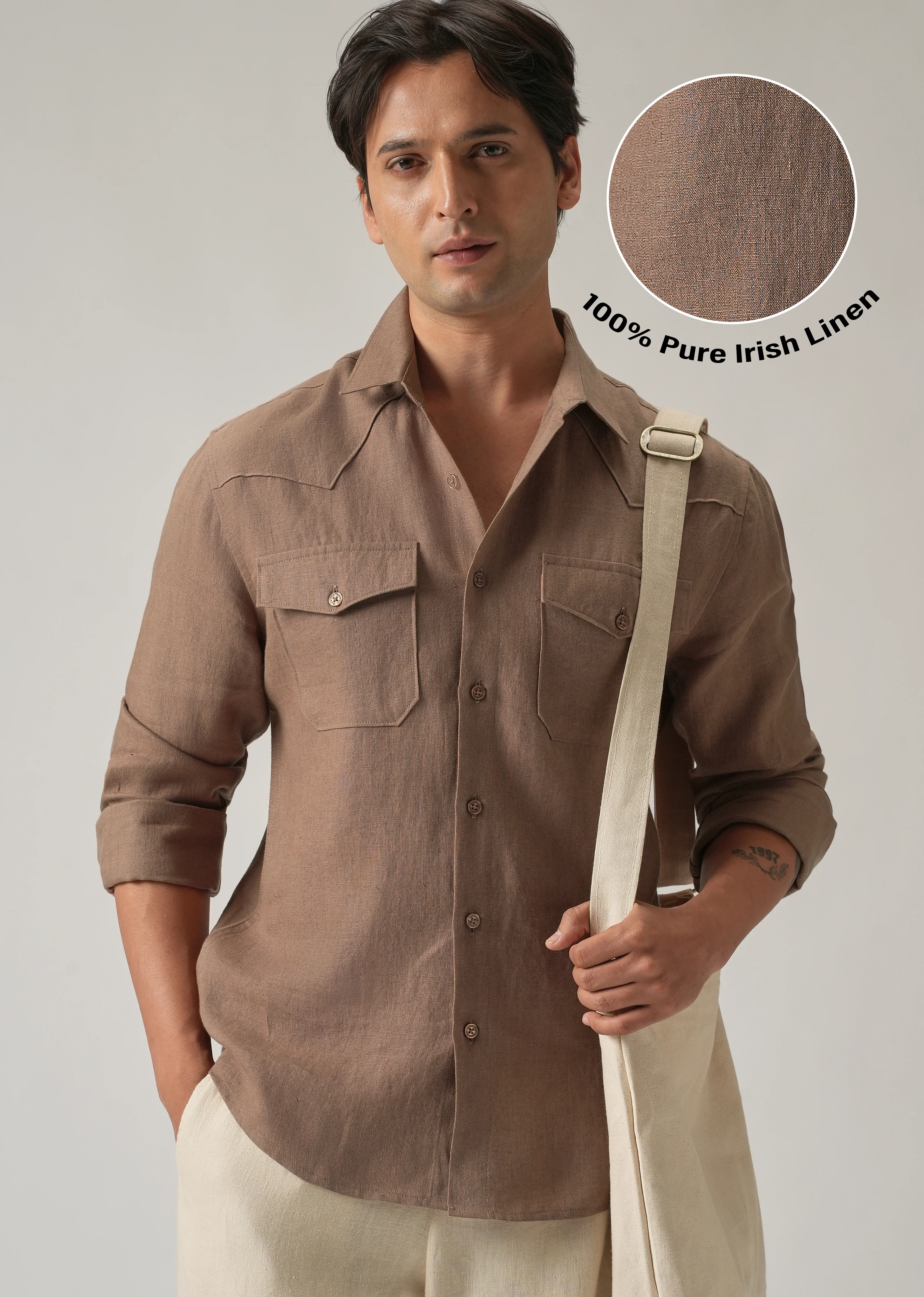 Brown Double Pocket 100% Pure Irish Linen Shirt - Image 8