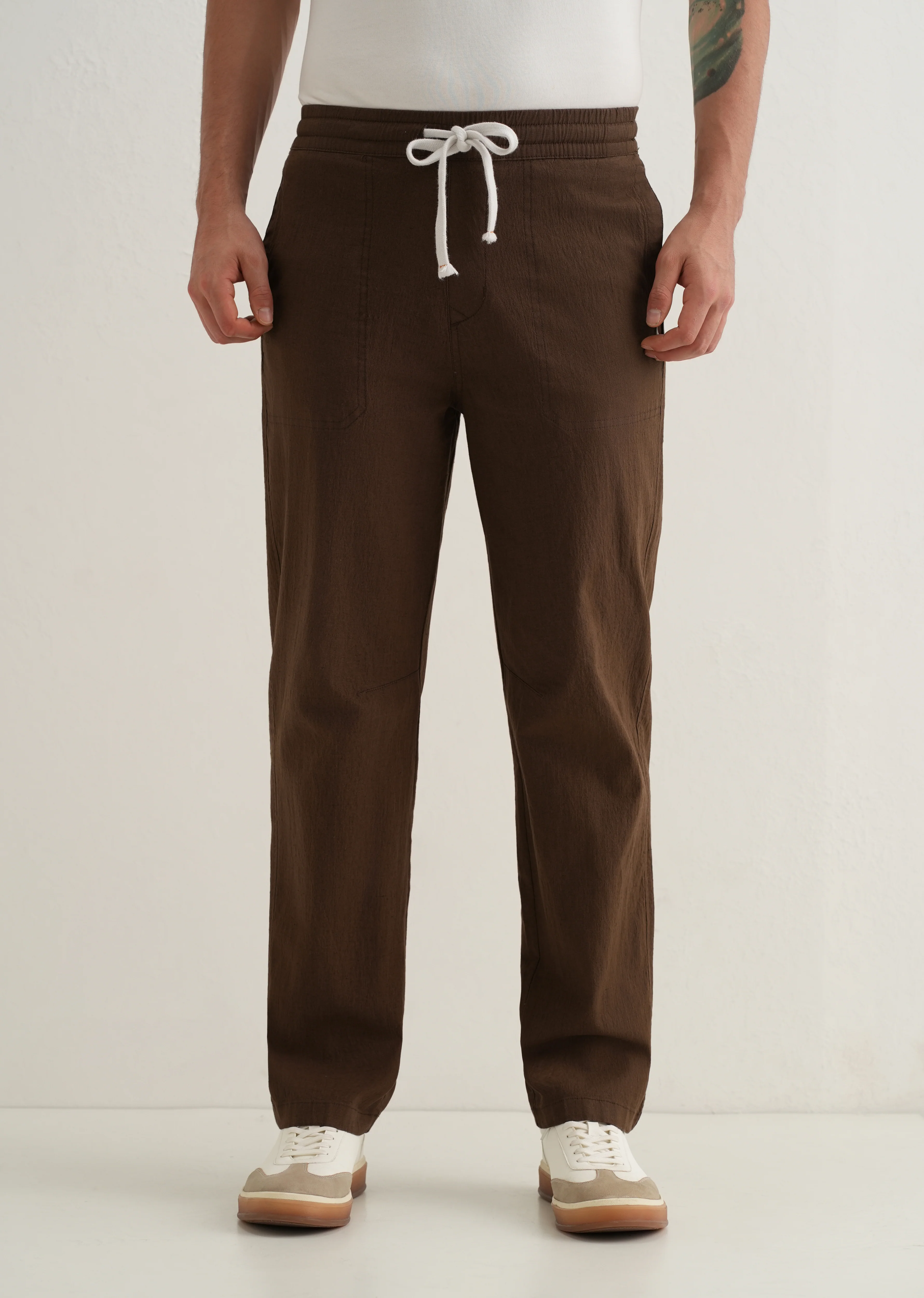 Brown Drawstring Cotton Linen Pant - Image 3