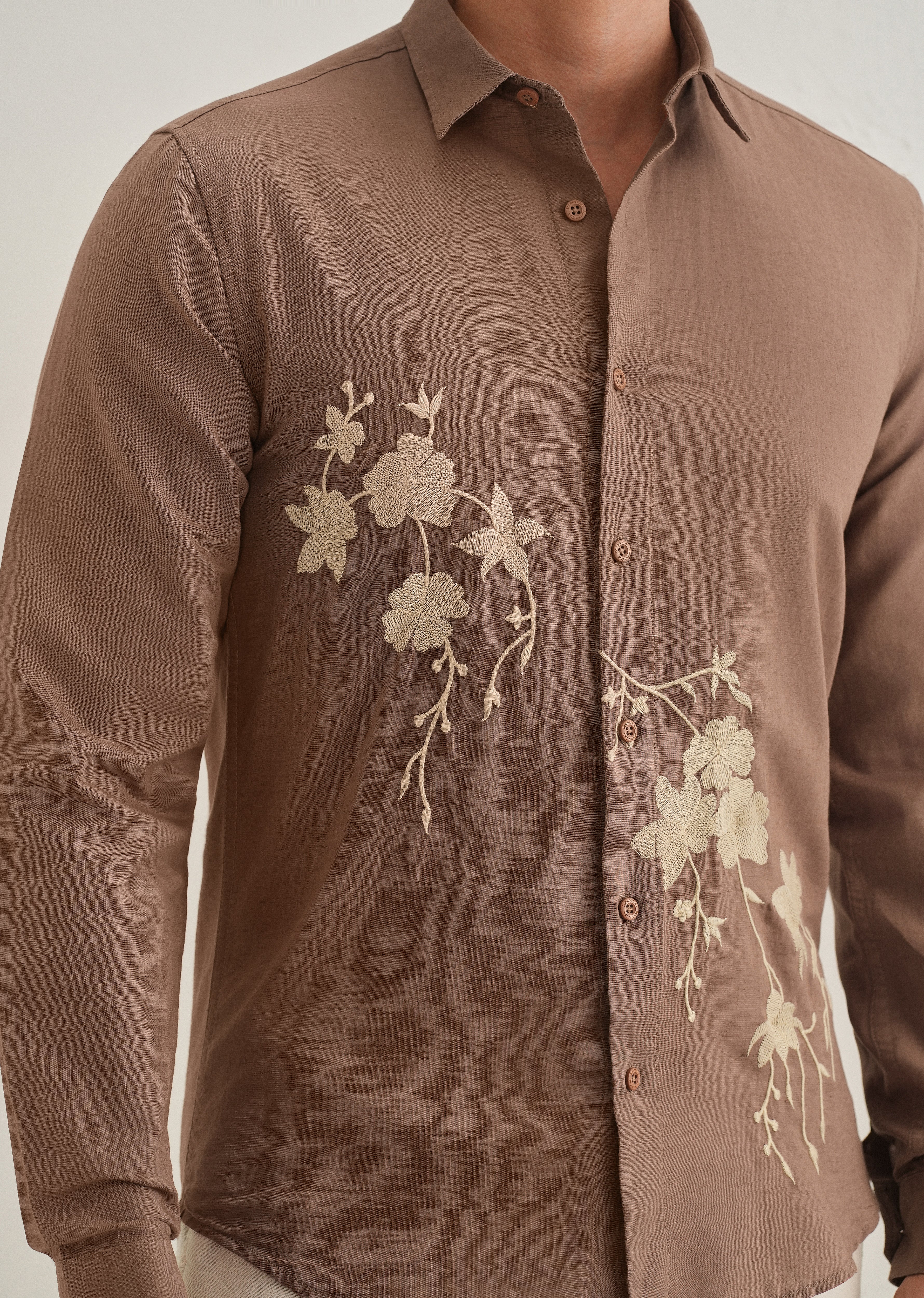 Brown Floral Embroidered Cuban Collar Shirt - Image 3