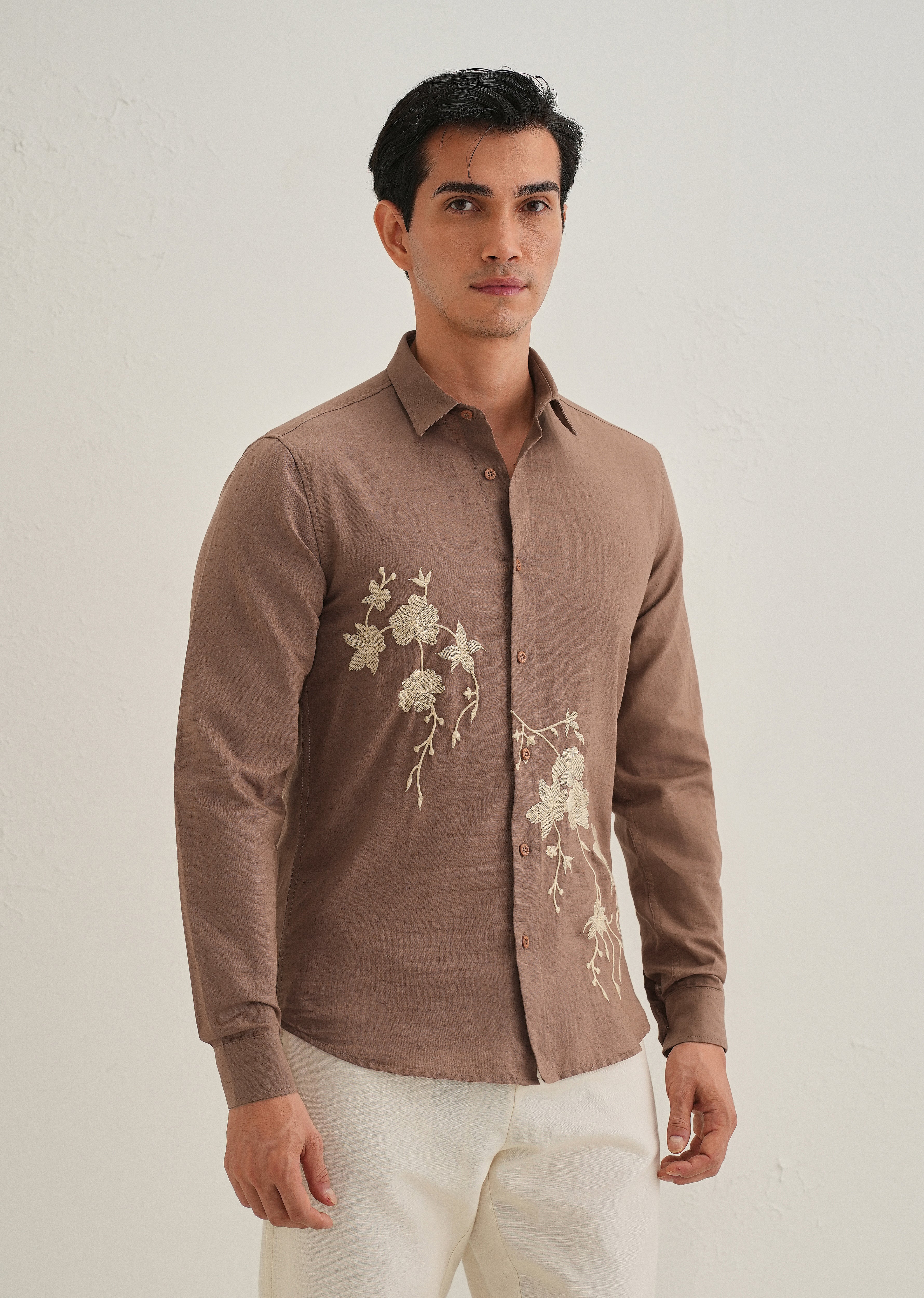 Brown Floral Embroidered Cuban Collar Shirt - Image 6