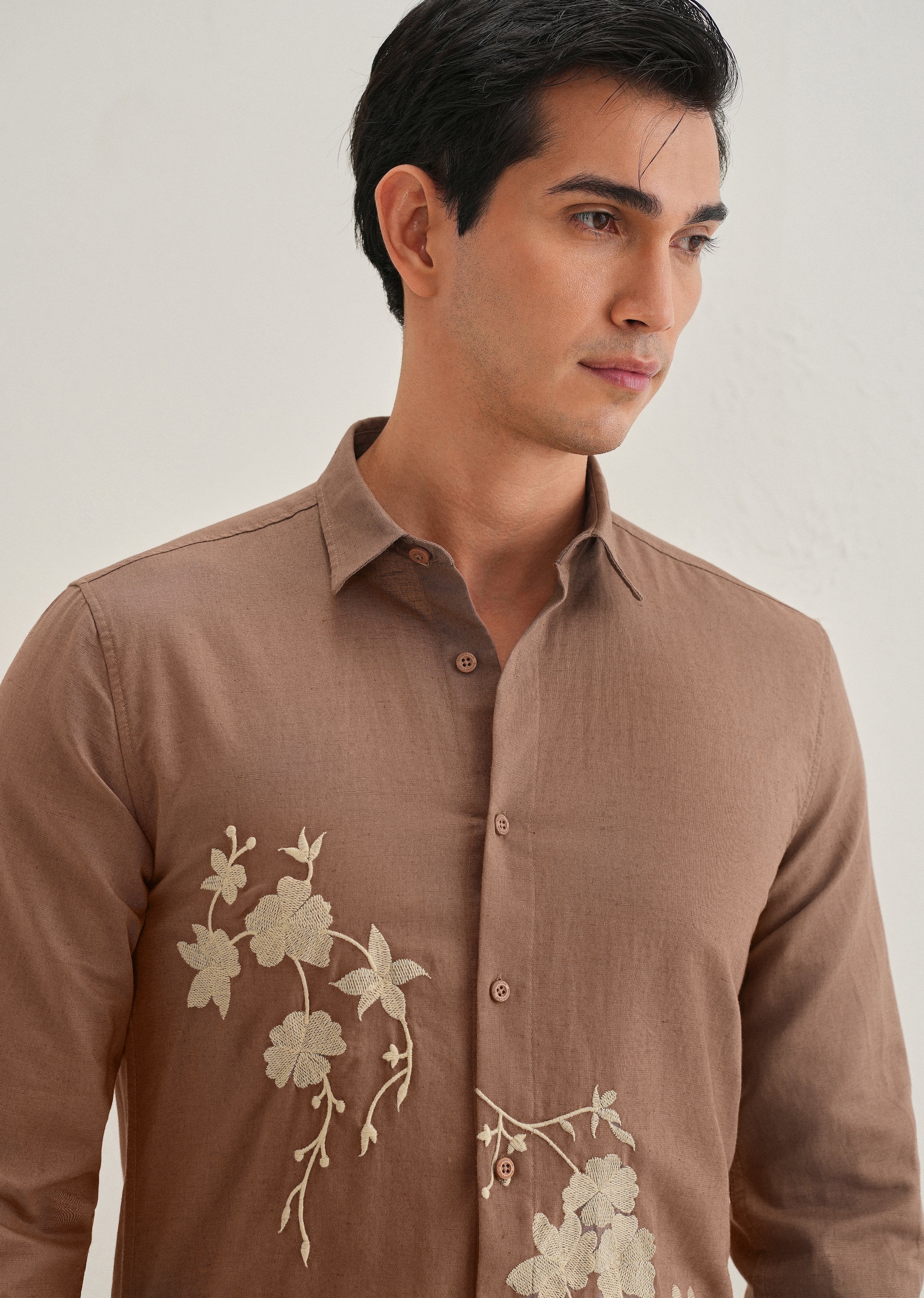 Brown Floral Embroidered Cuban Collar Shirt - Image 7