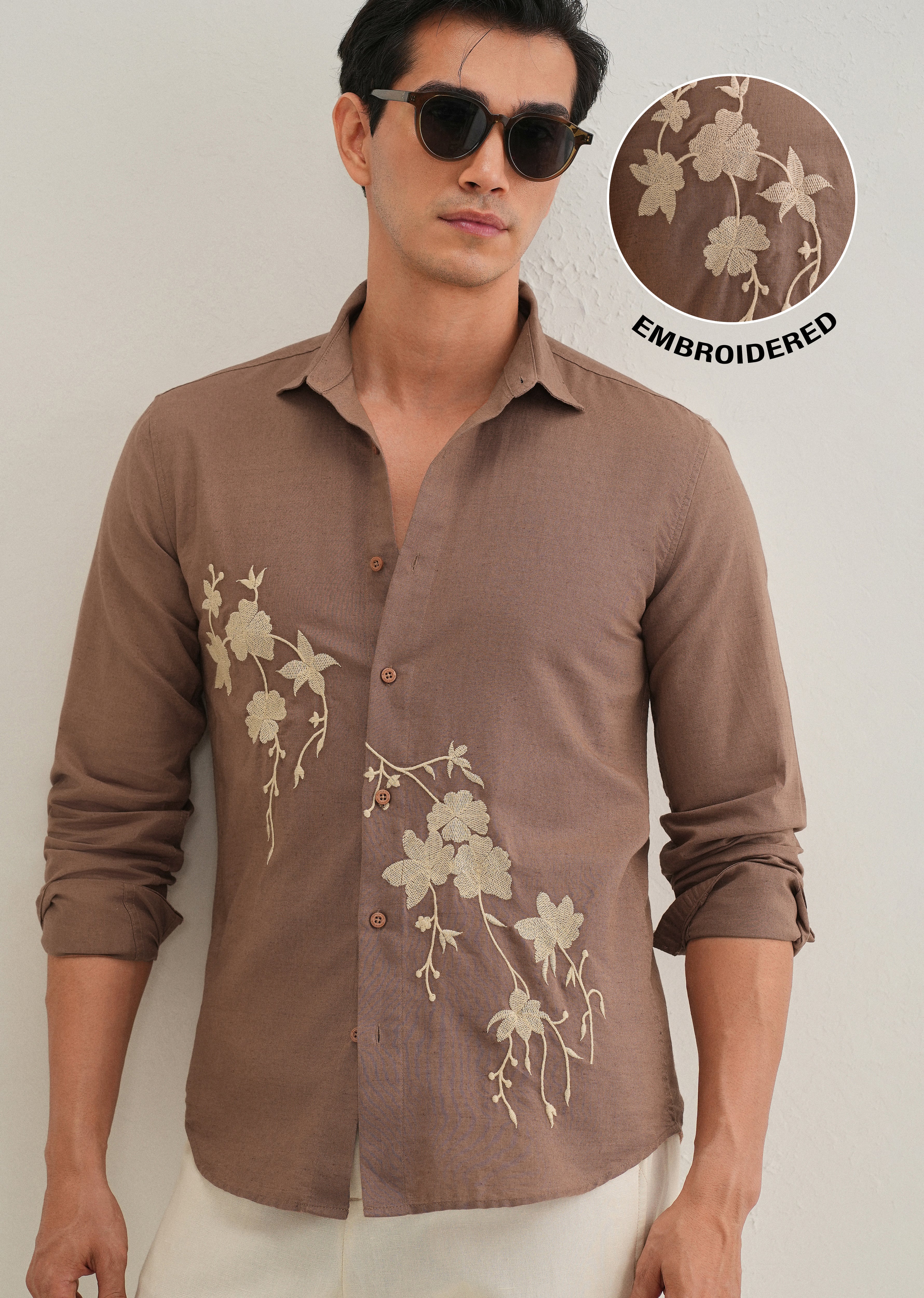 Brown Floral Embroidered Cuban Collar Shirt - Image 9