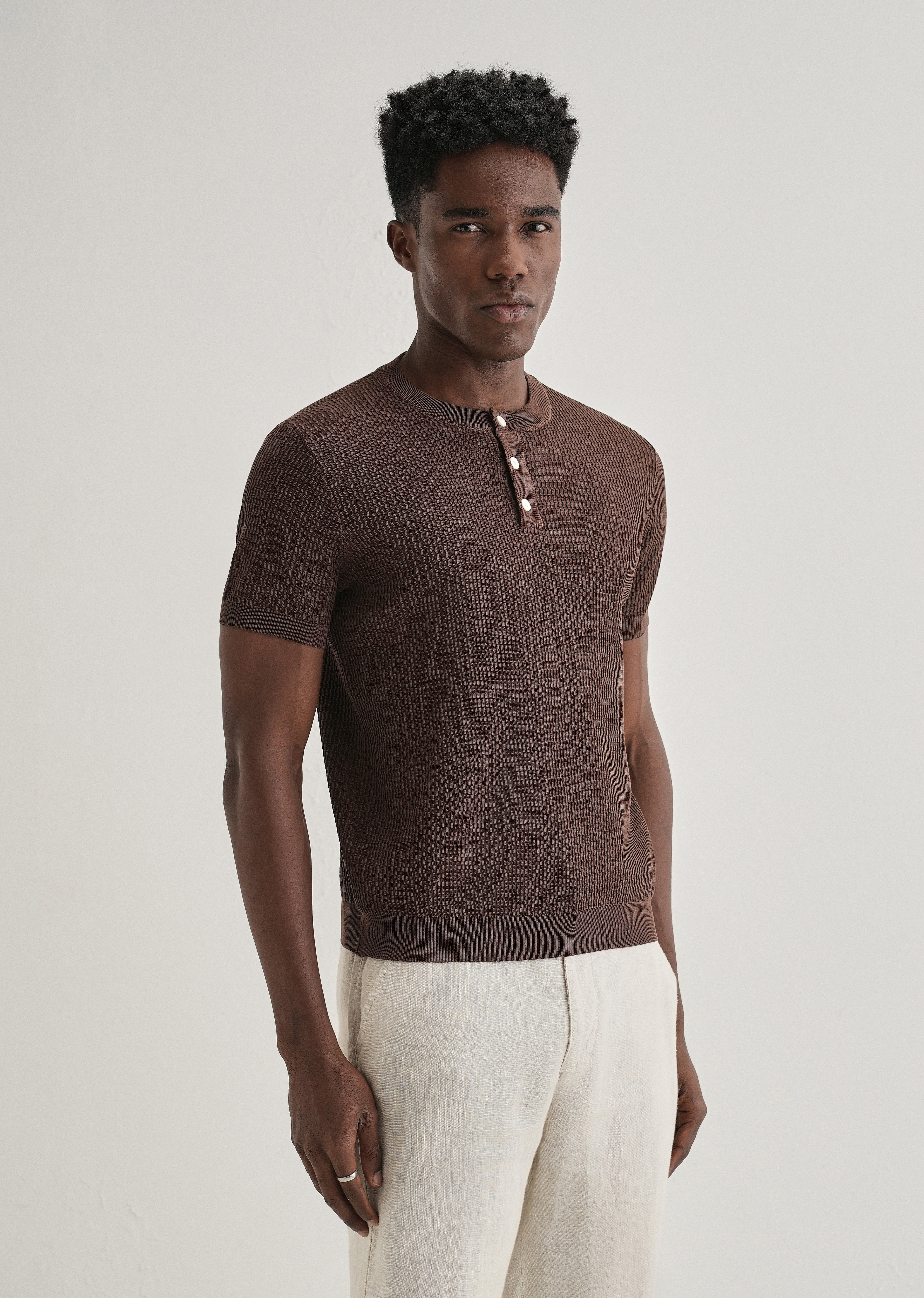 Brown Henley Neck Knitted T-shirt - Image 4