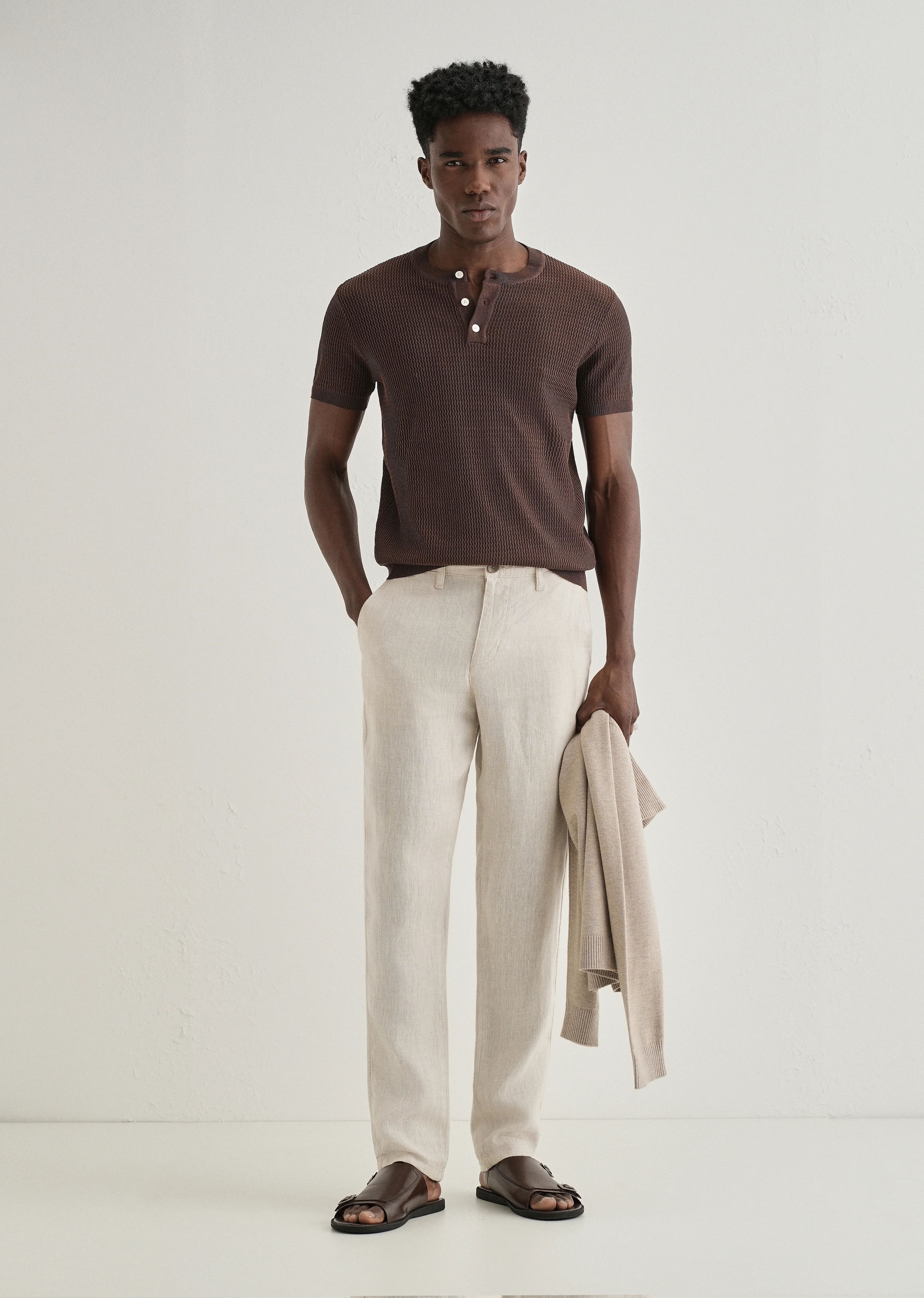 Brown Henley Neck Knitted T-shirt - Image 6