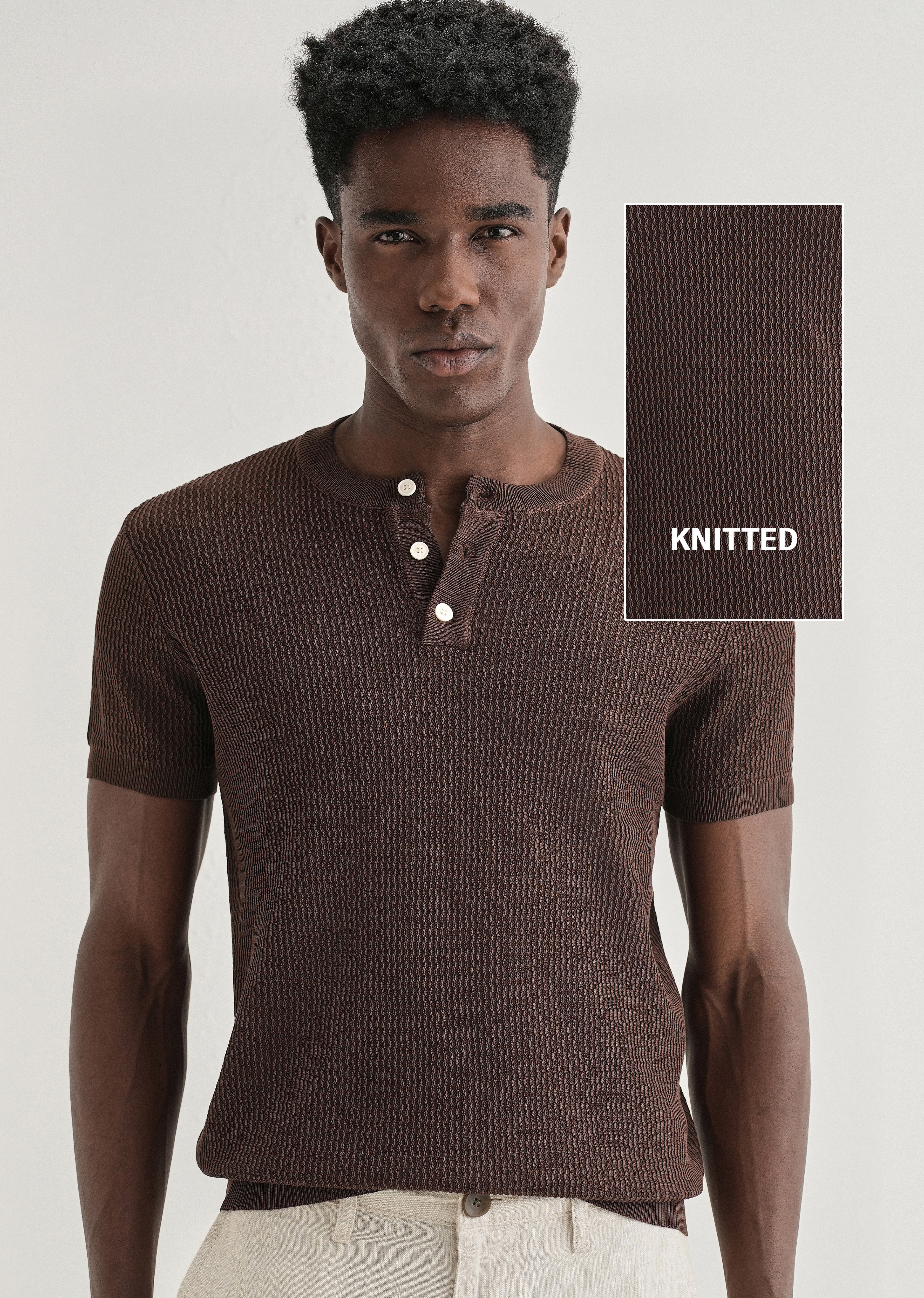 Brown Henley Neck Knitted T-shirt - Image 7