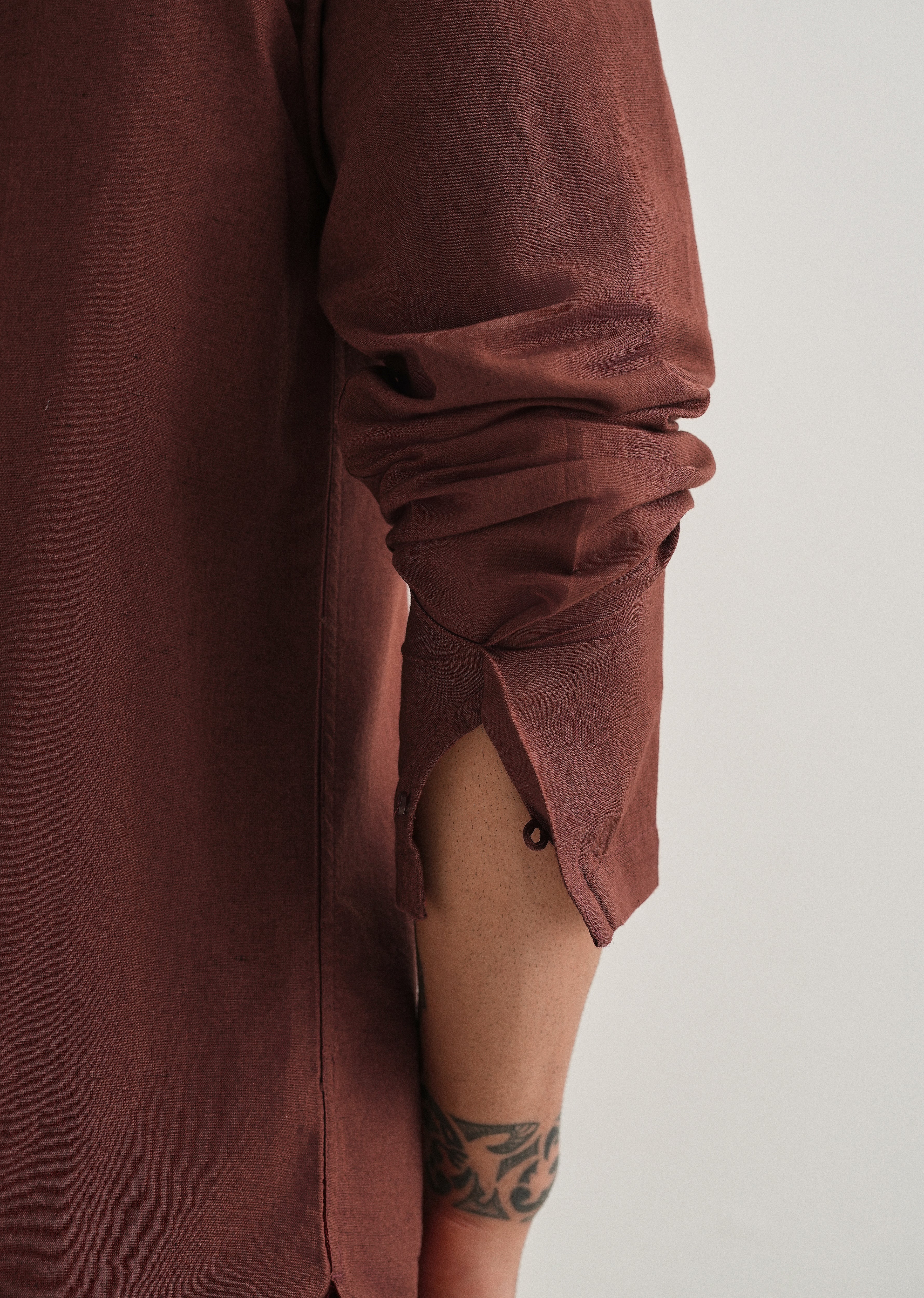 Brown Hidden Sleeve Placket Cotton Linen Shirt - Image 2
