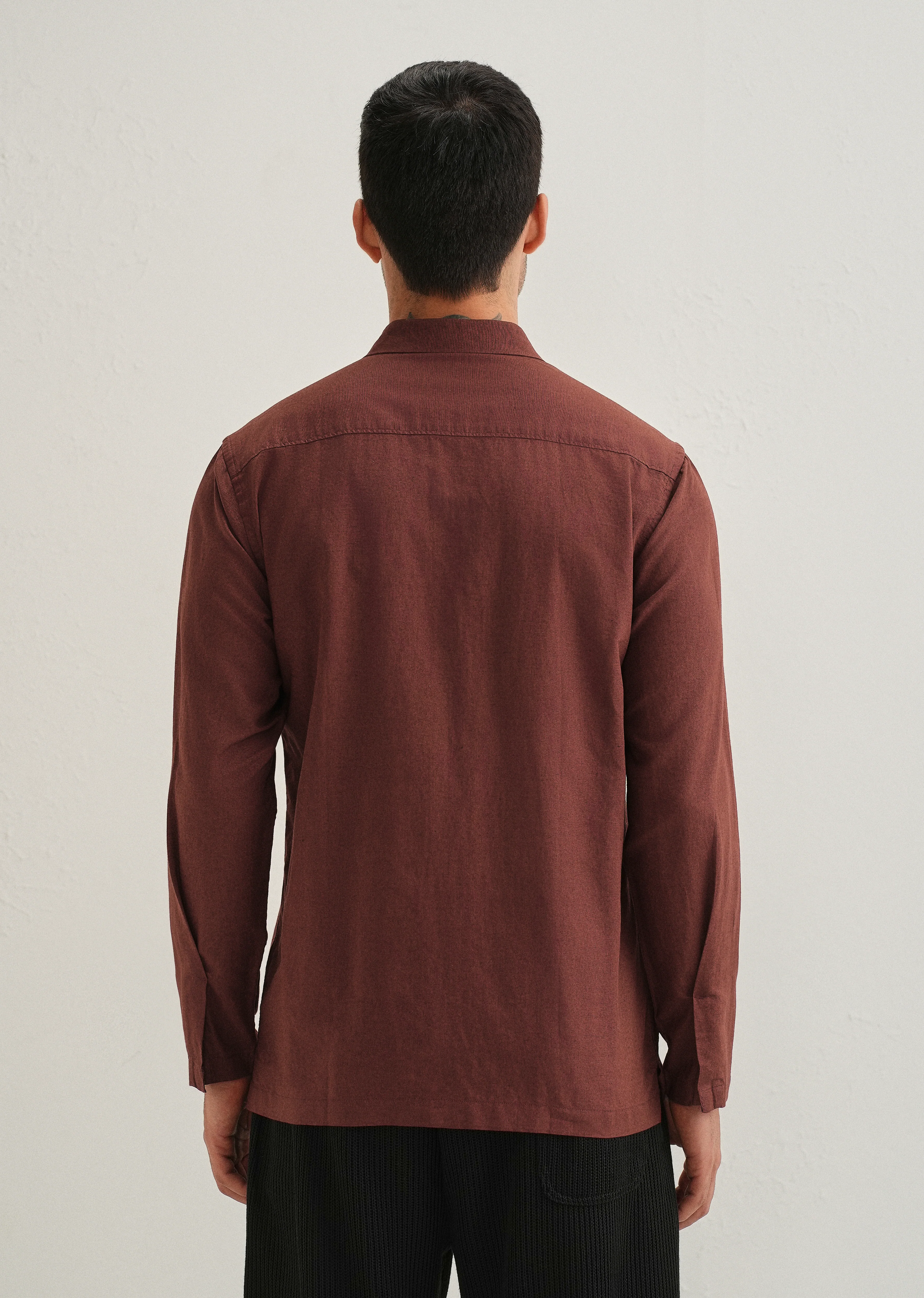 Brown Hidden Sleeve Placket Cotton Linen Shirt - Image 4