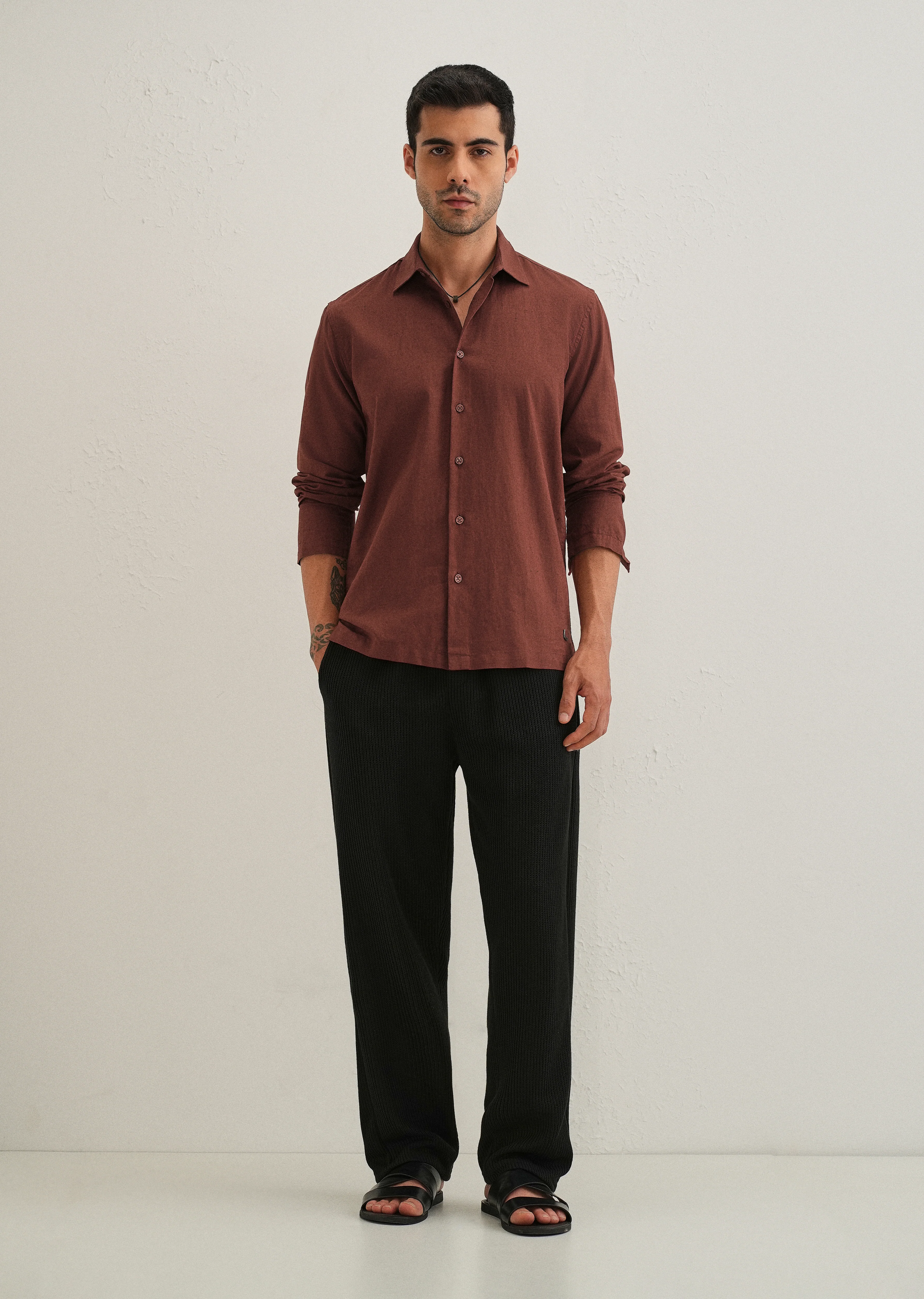 Brown Hidden Sleeve Placket Cotton Linen Shirt - Image 7