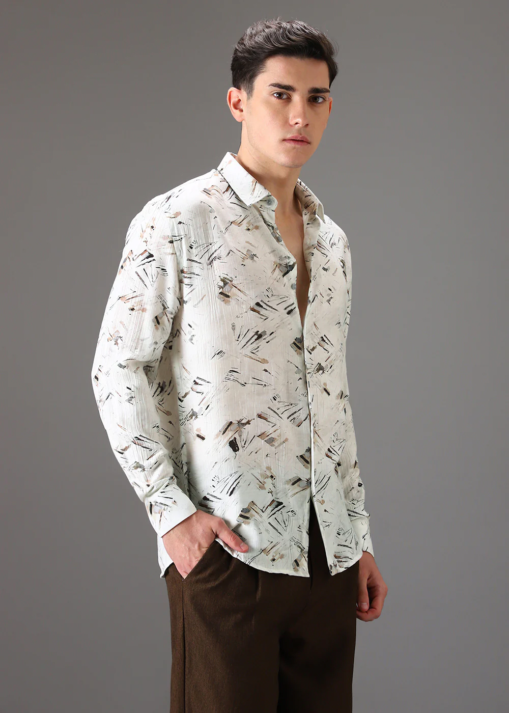 Brown Linear Crushed Printed Shirt - Image 5