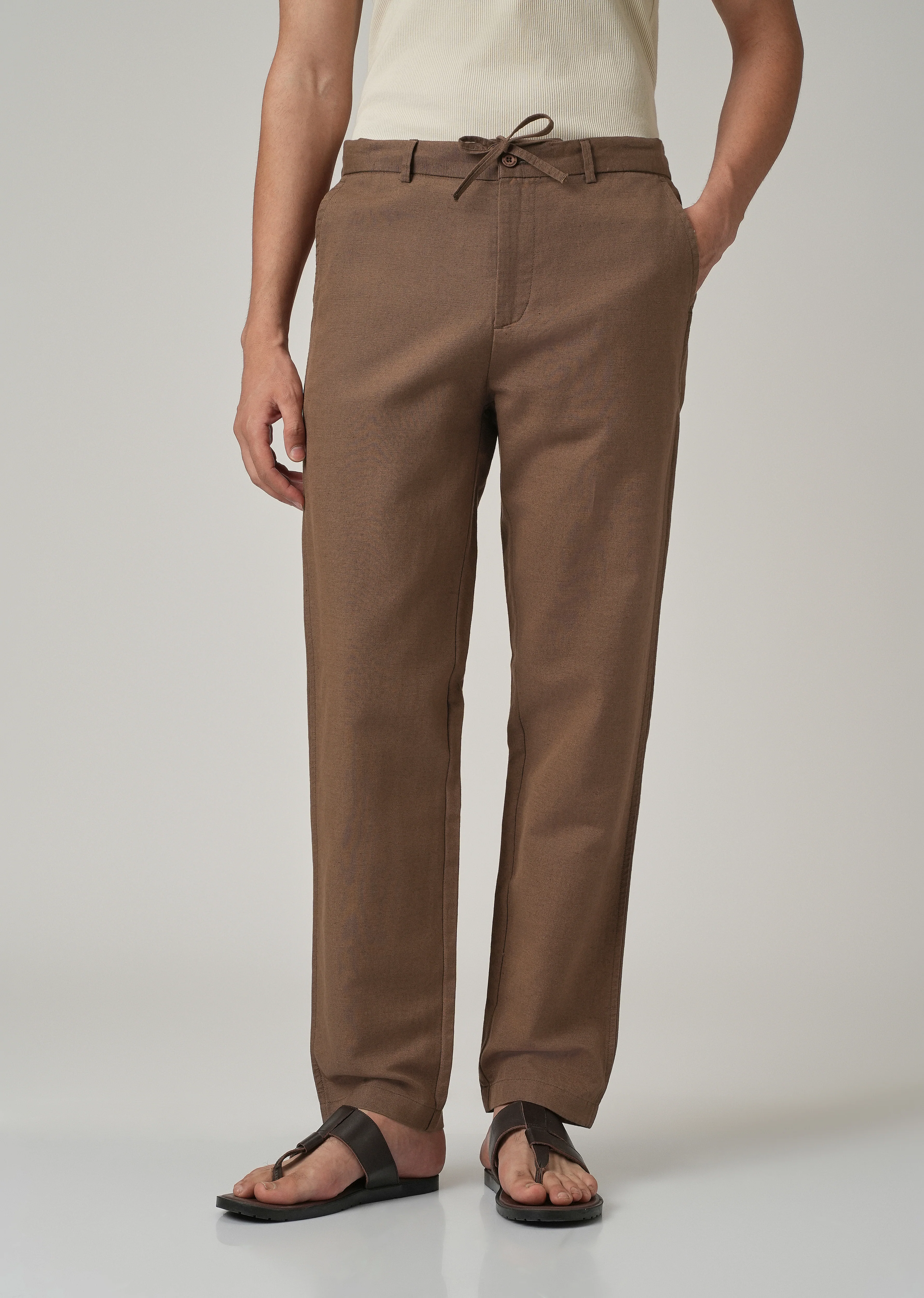 Brown Linen Relaxed Fit Trouser - Image 3