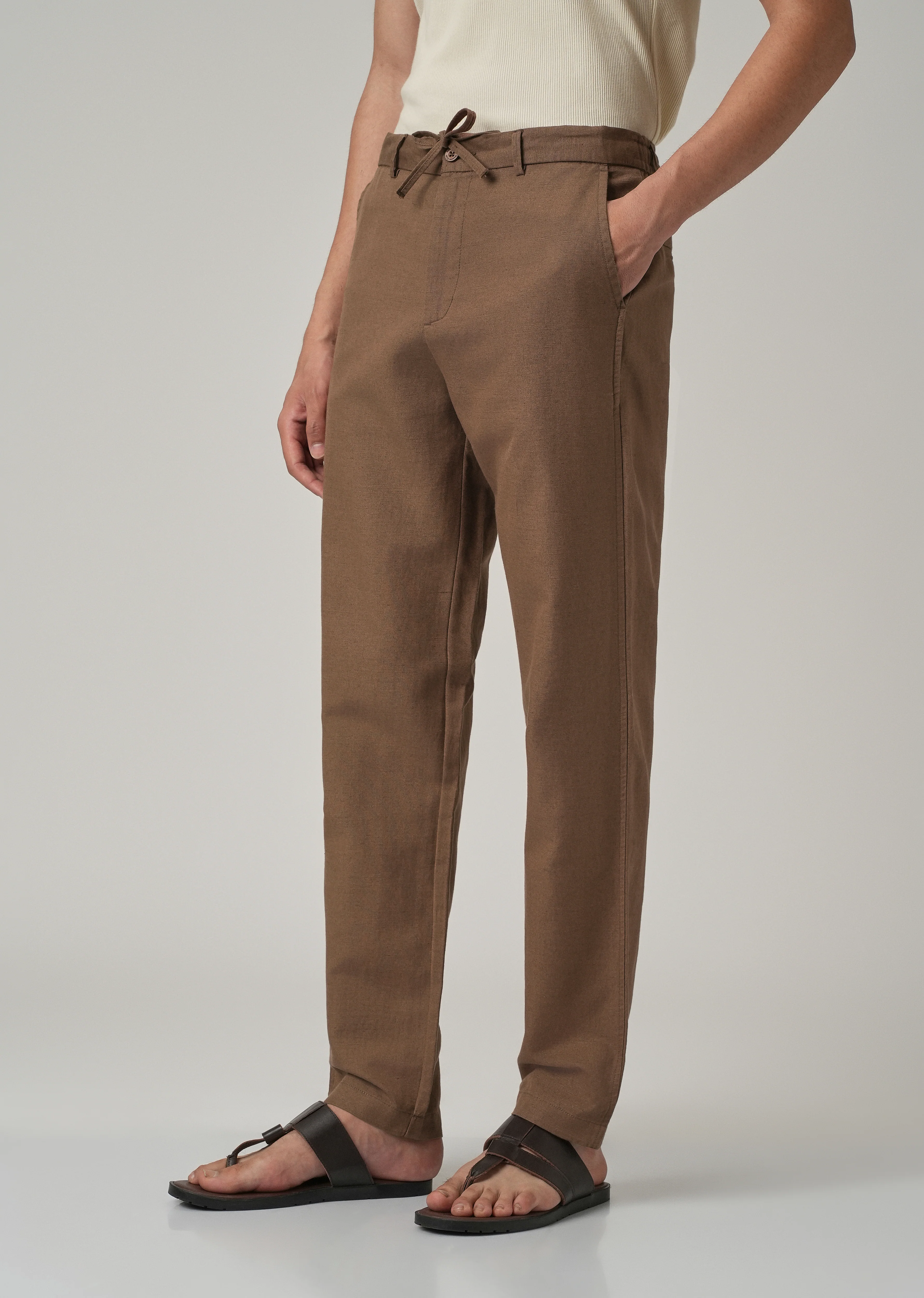Brown Linen Relaxed Fit Trouser - Image 4