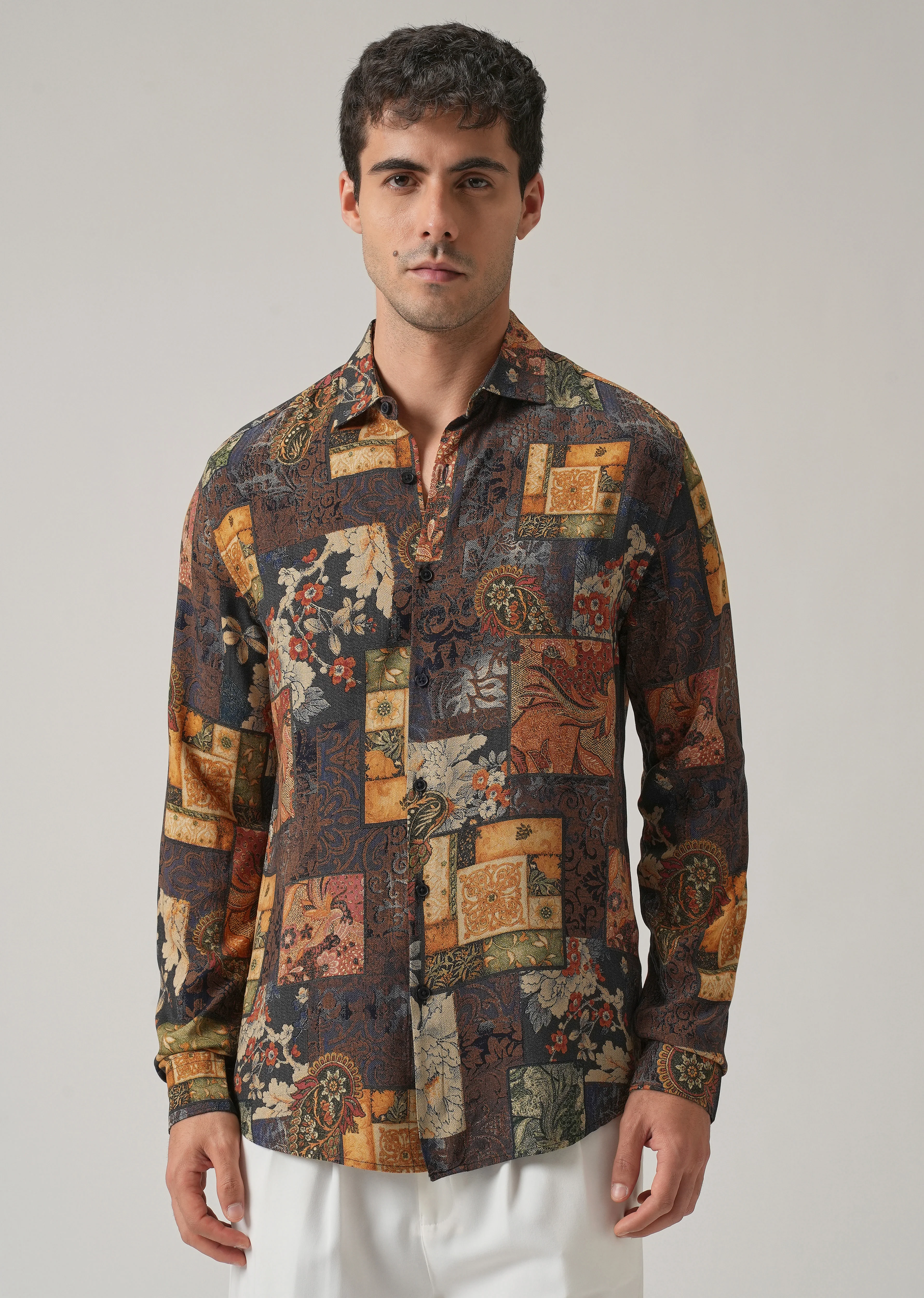 Brown Mosaic Print Feather Shirt - Image 3