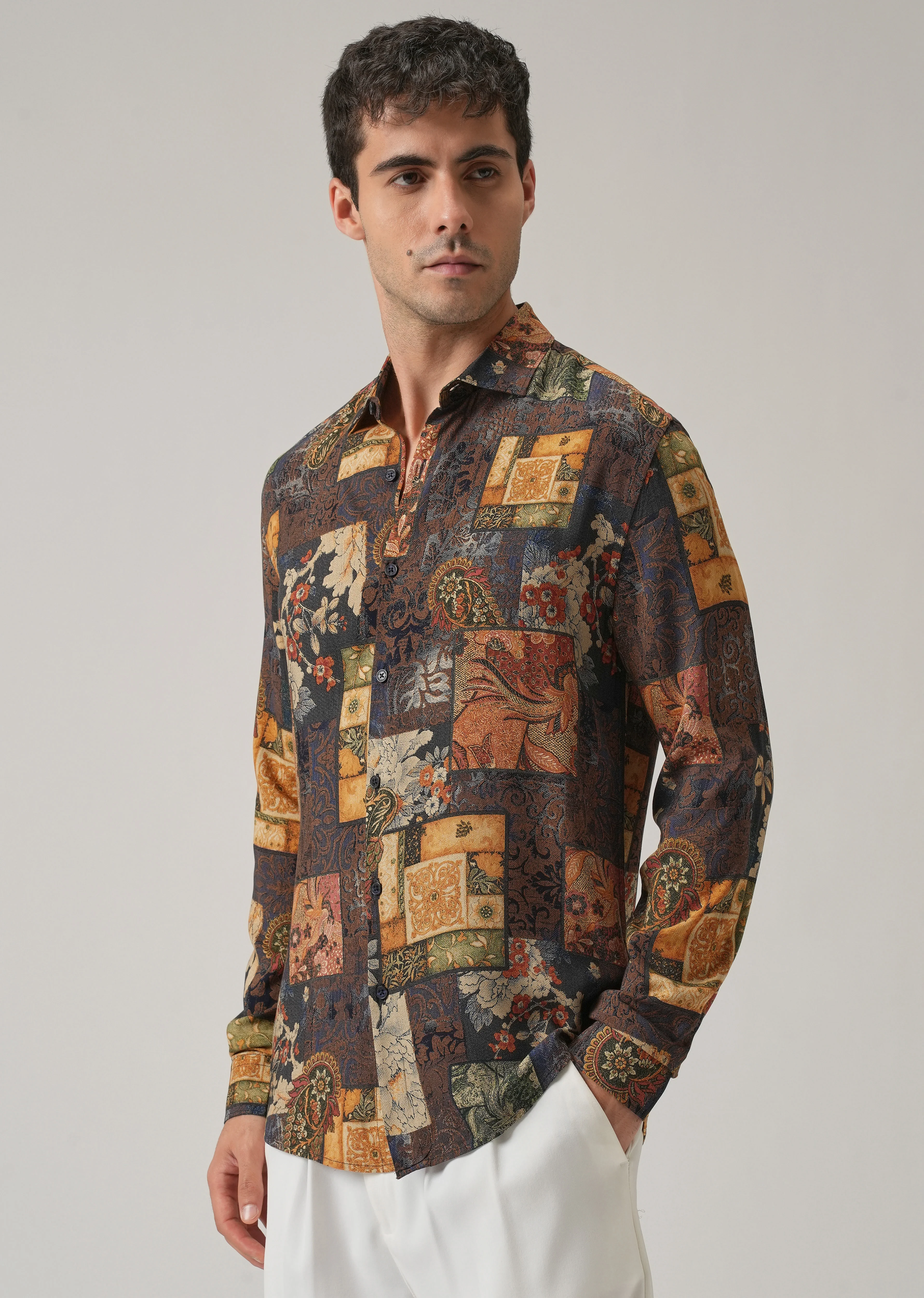 Brown Mosaic Print Feather Shirt - Image 4