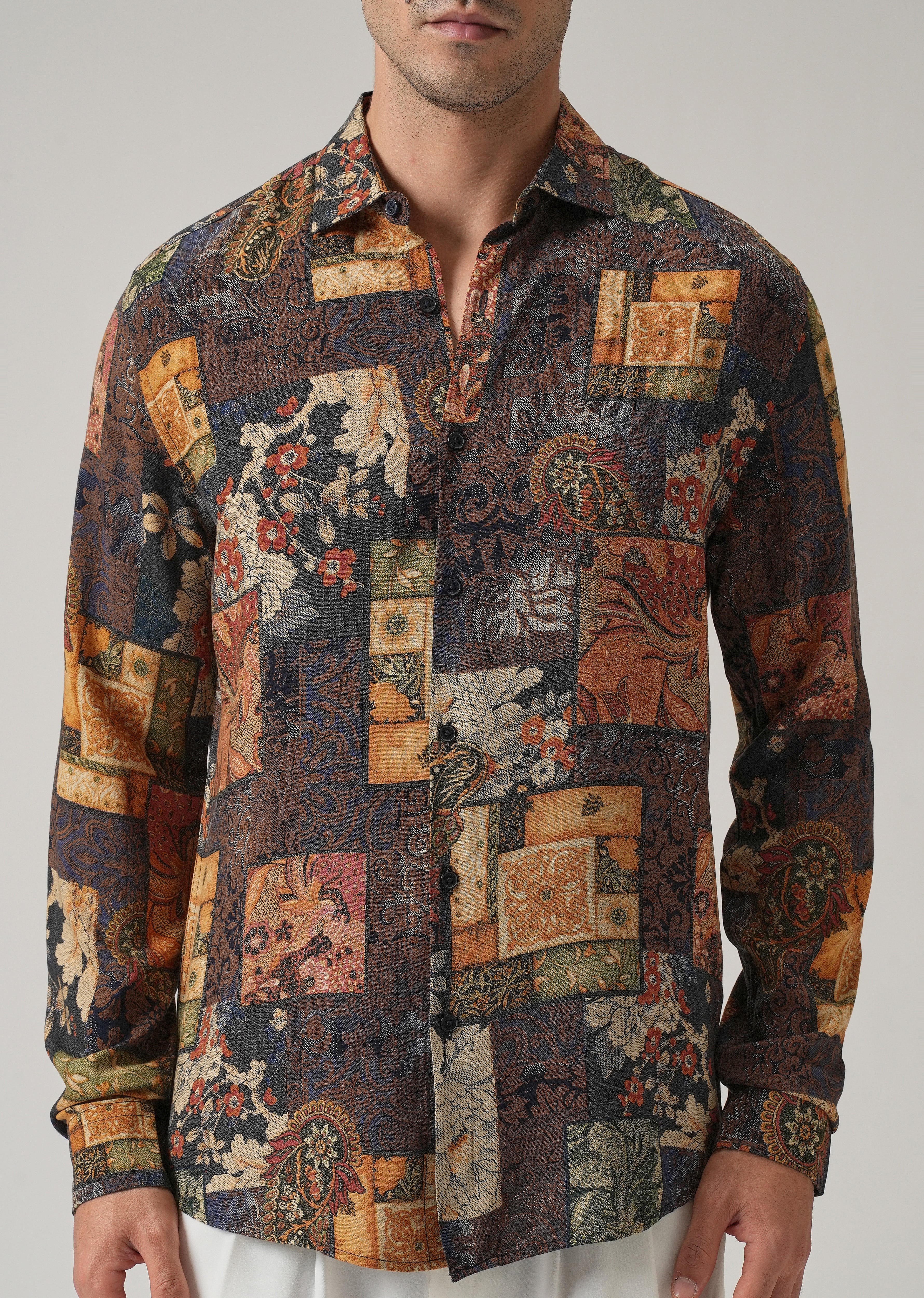 Brown Mosaic Print Feather Shirt - Image 7