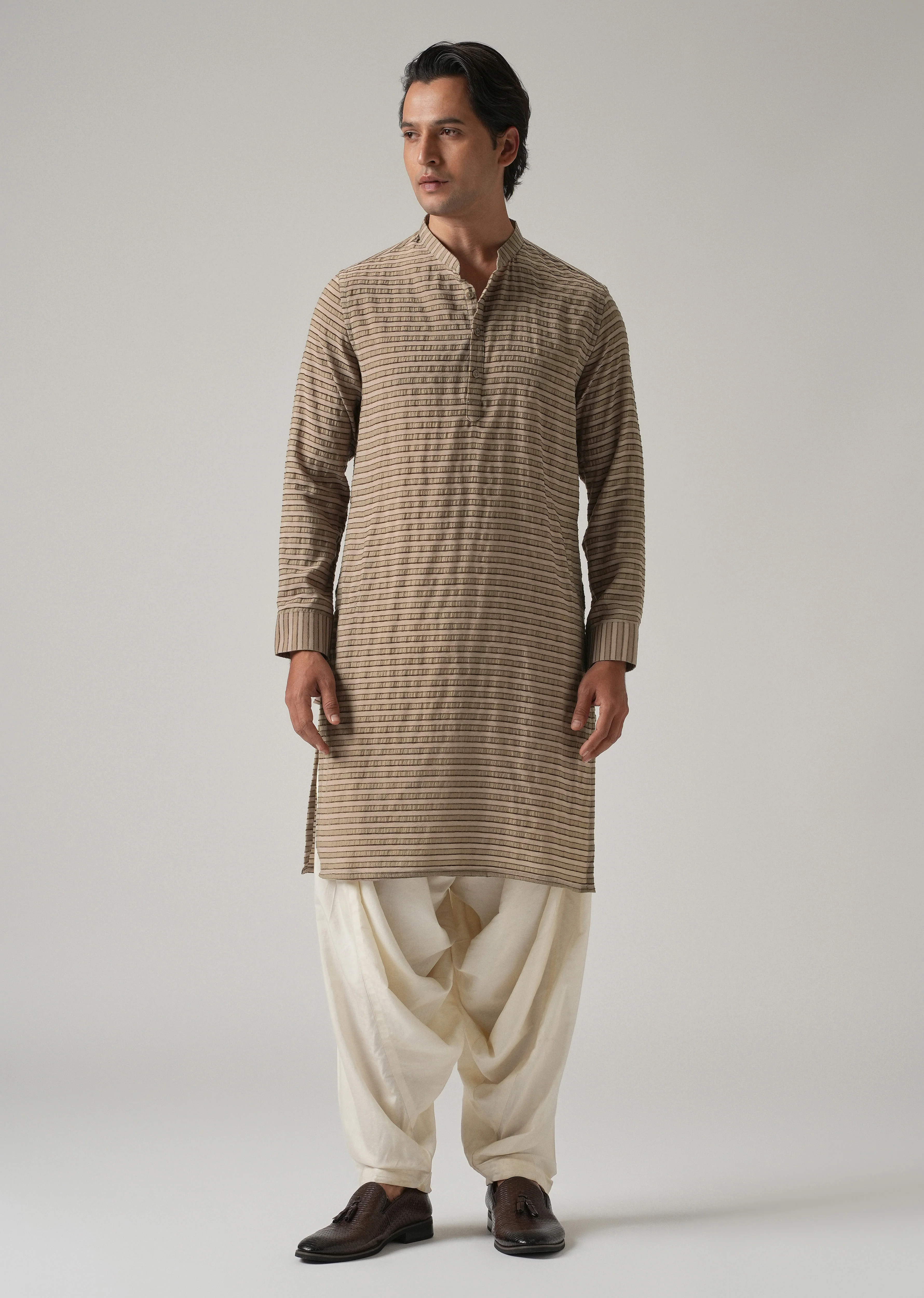 Brown Nylon Pin Stripe Kurta - Image 3