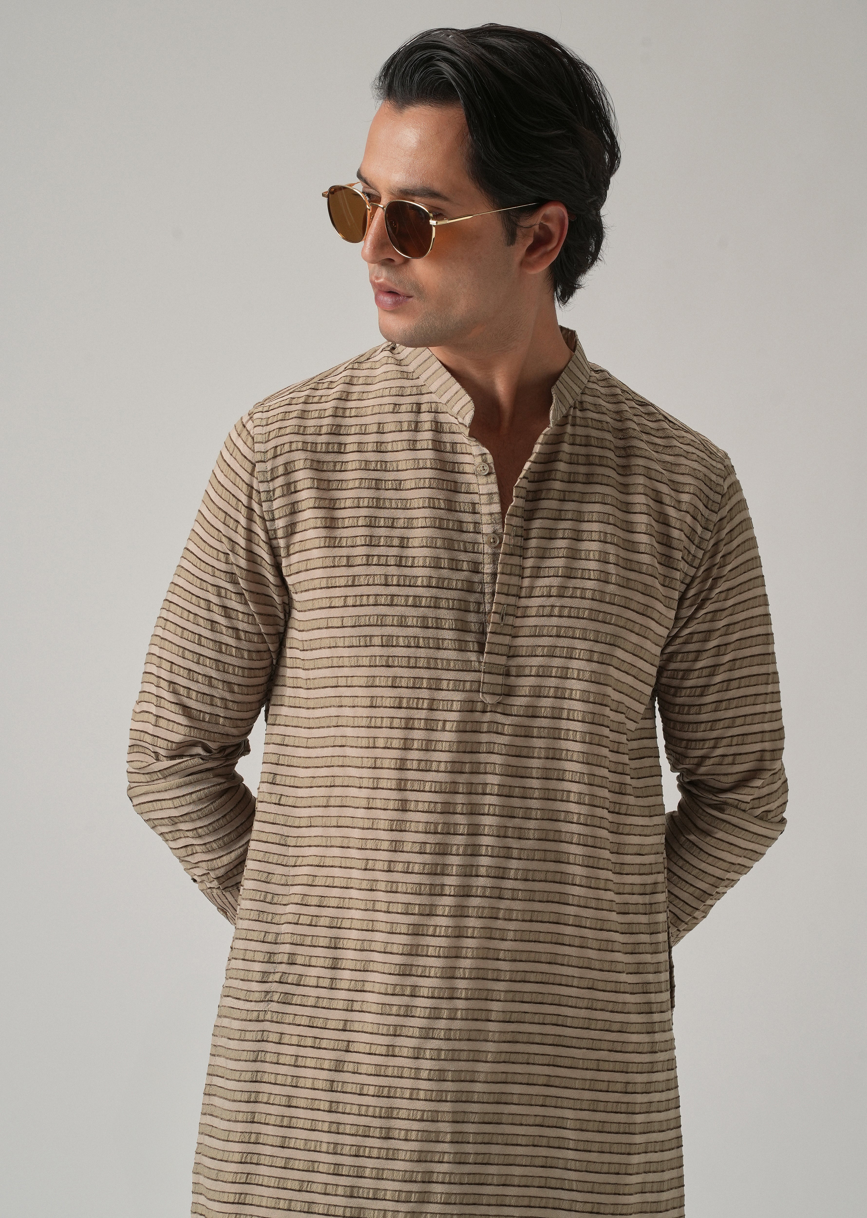 Brown Nylon Pin Stripe Kurta - Image 6