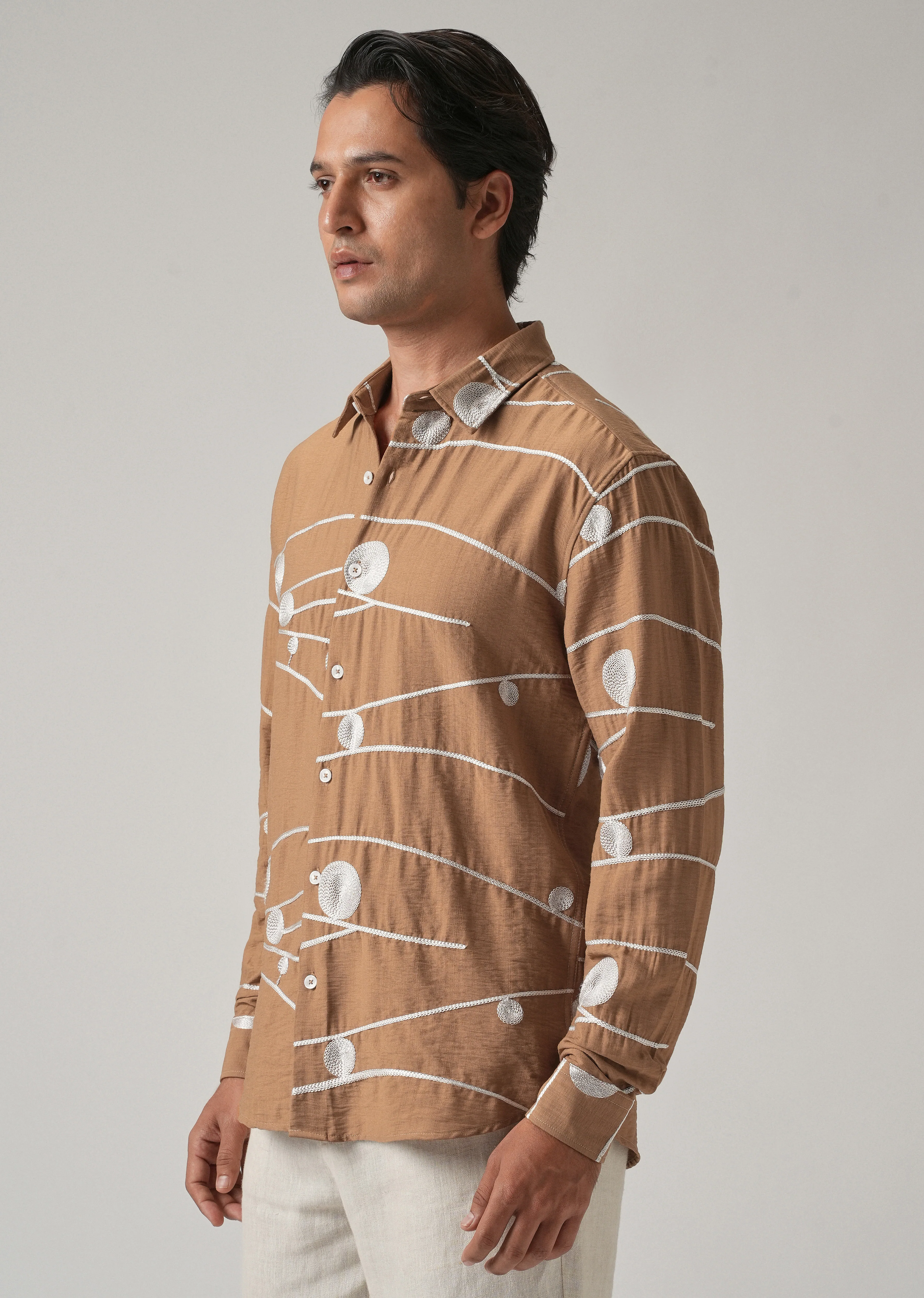 Brown Orb and Line Embroidery Shirt - Image 5