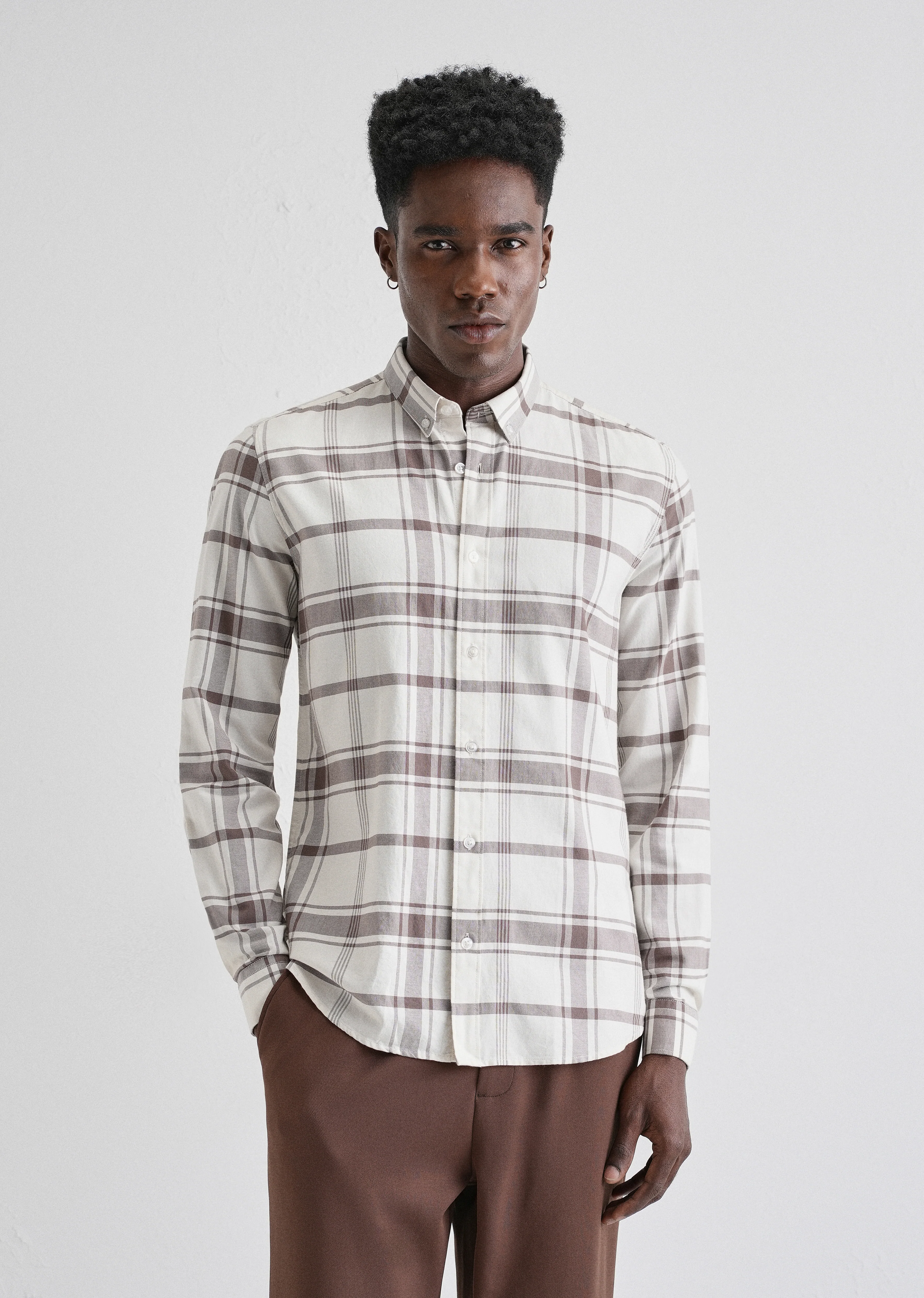 Brown Oxford Cotton Check Shirt - Image 3