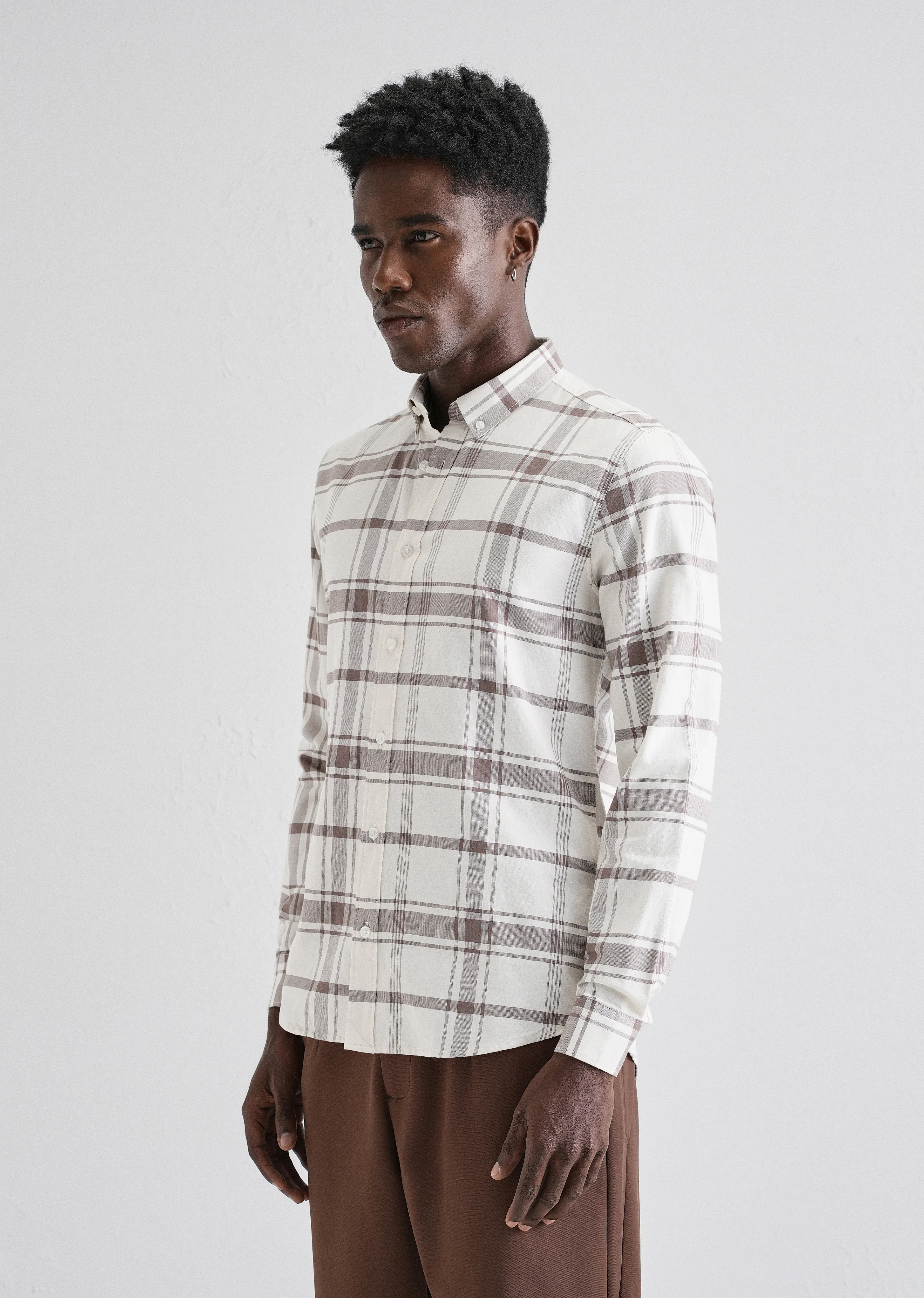 Brown Oxford Cotton Check Shirt - Image 4