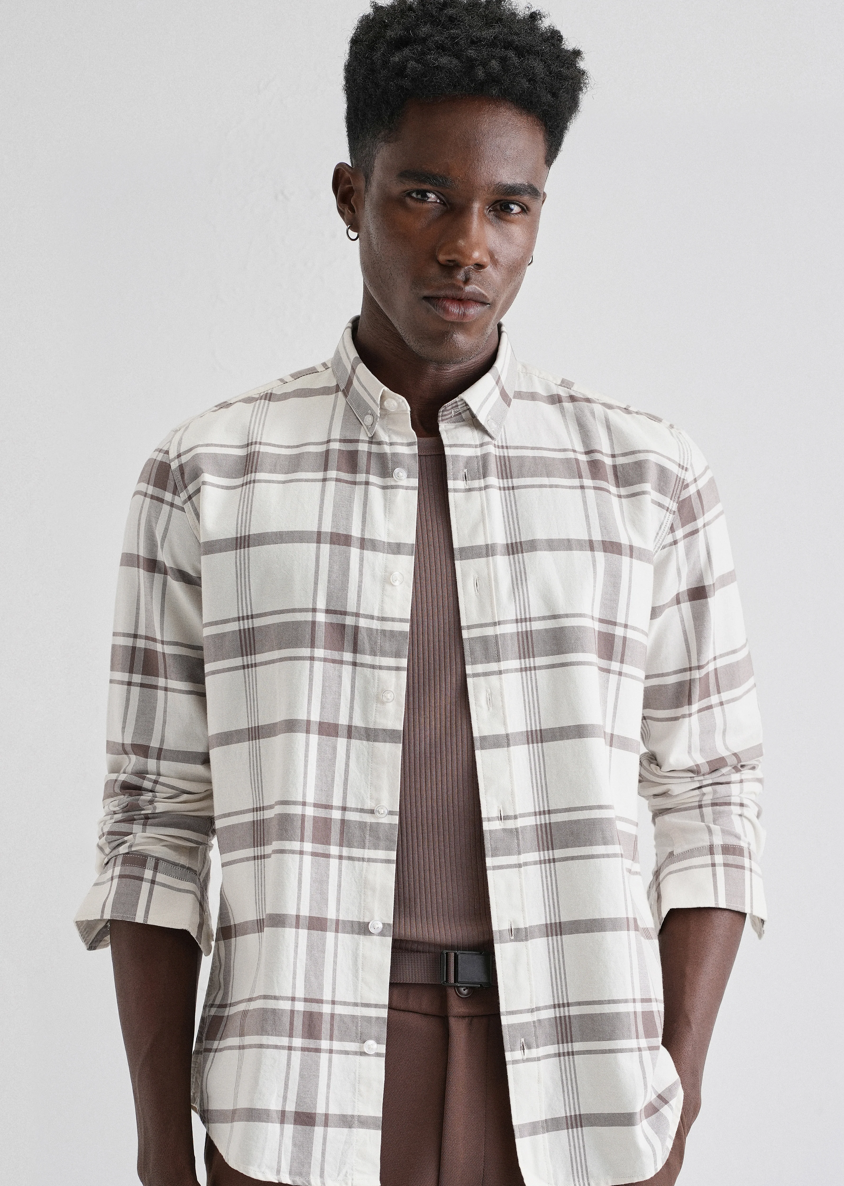 Brown Oxford Cotton Check Shirt - Image 7
