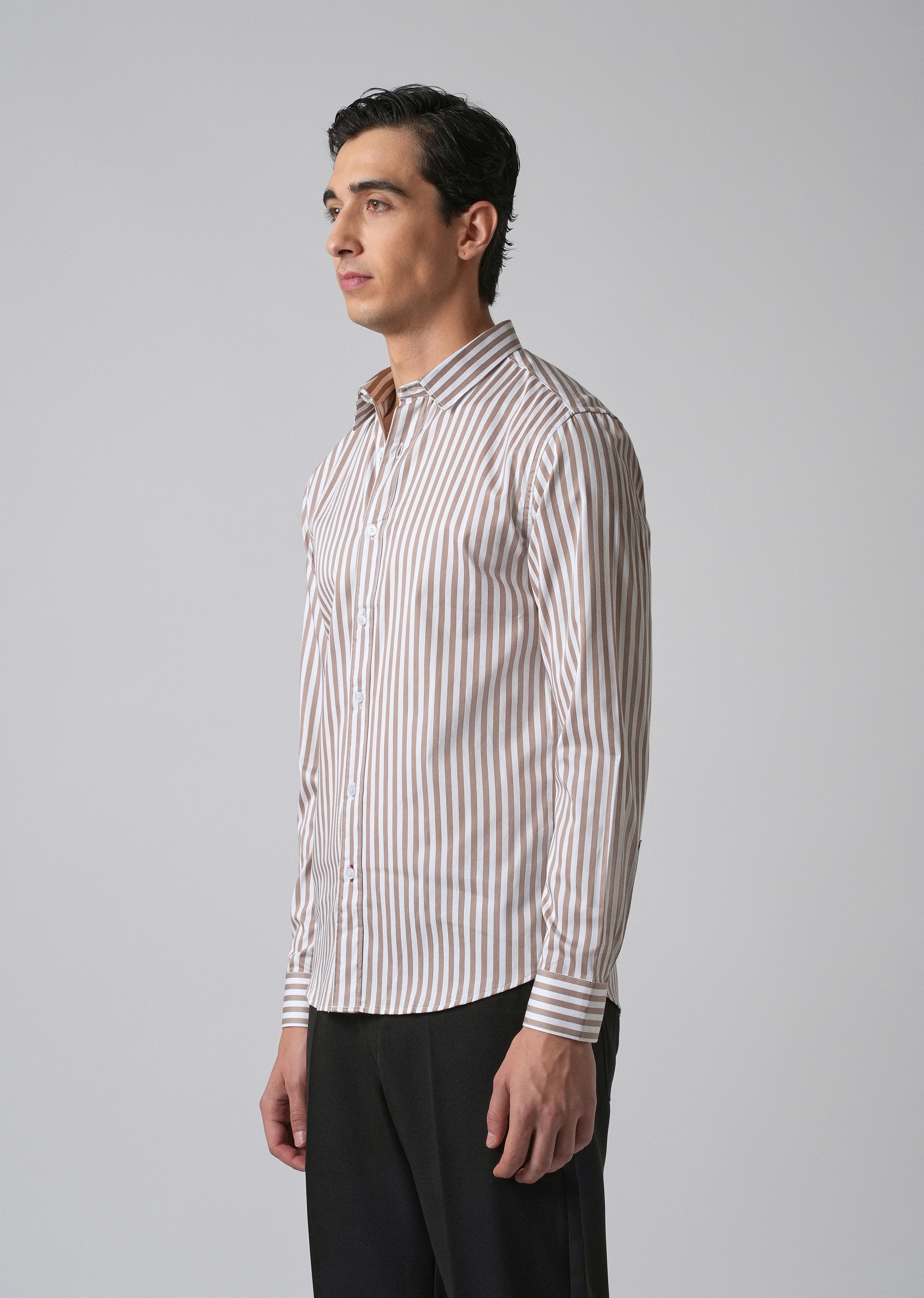 Brown Satin Pin Stripe Shirt - Image 4
