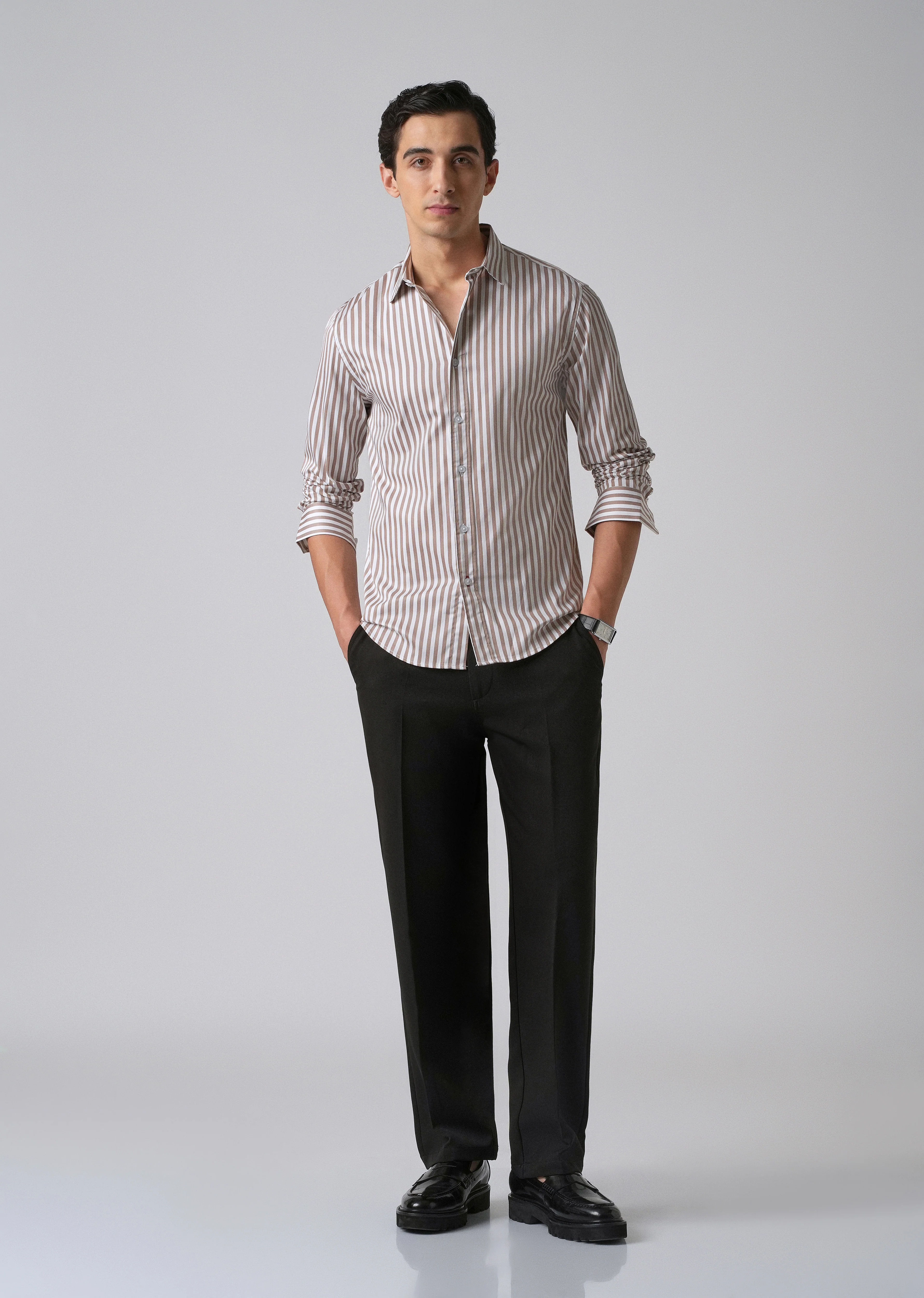 Brown Satin Pin Stripe Shirt - Image 6