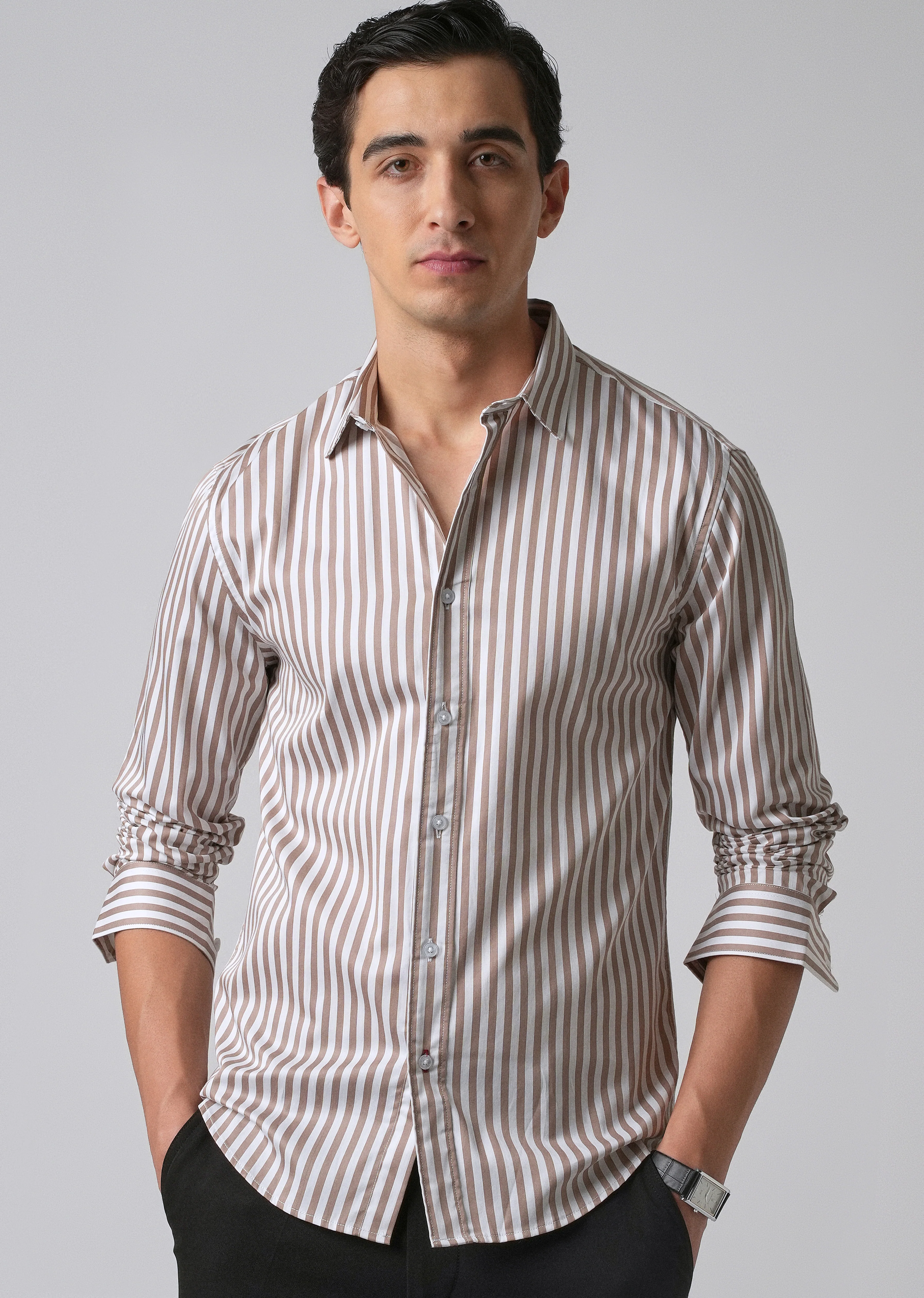 Brown Satin Pin Stripe Shirt - Image 7