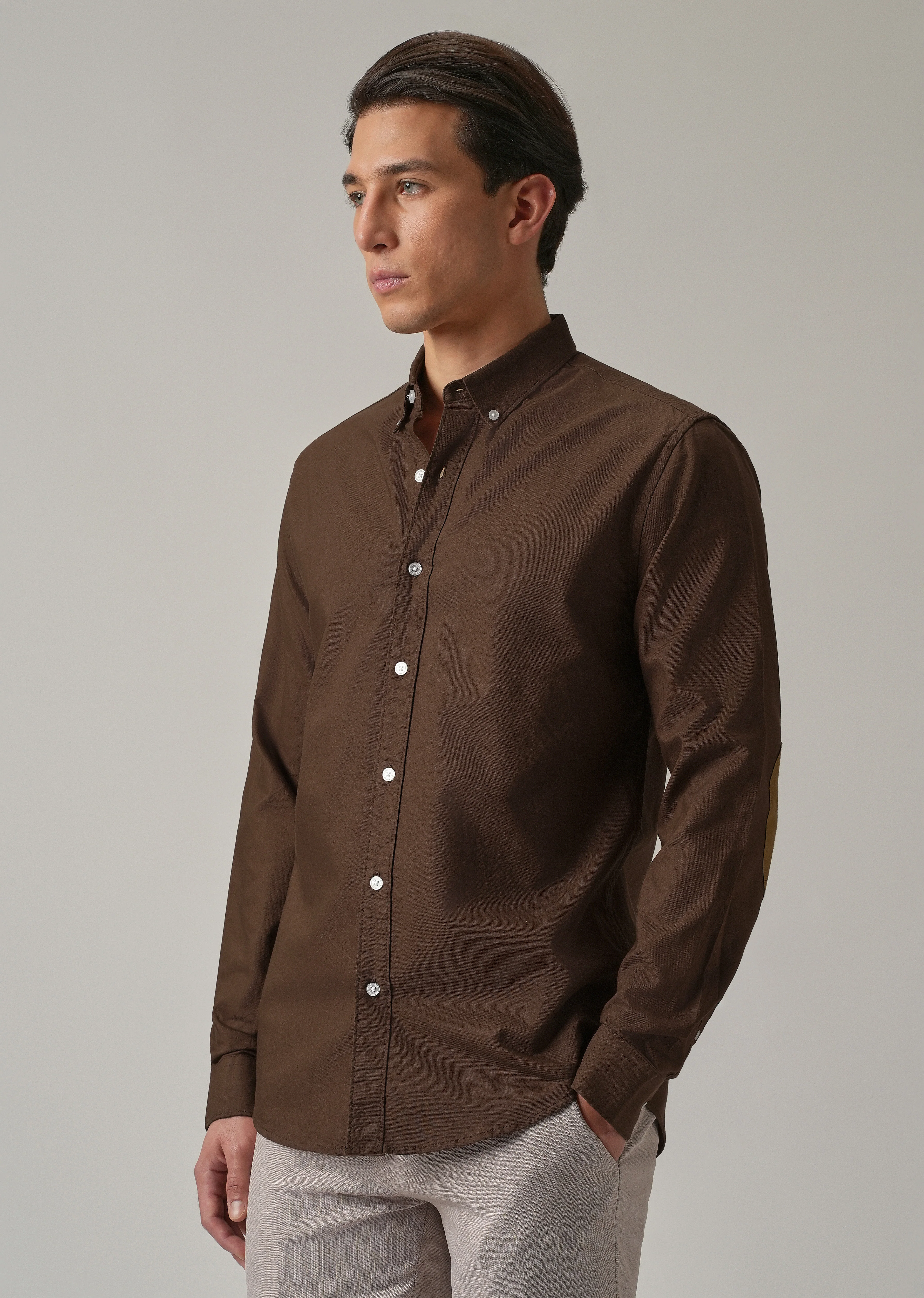 Brown Plain Elbow Patch Oxford Shirt - Image 5