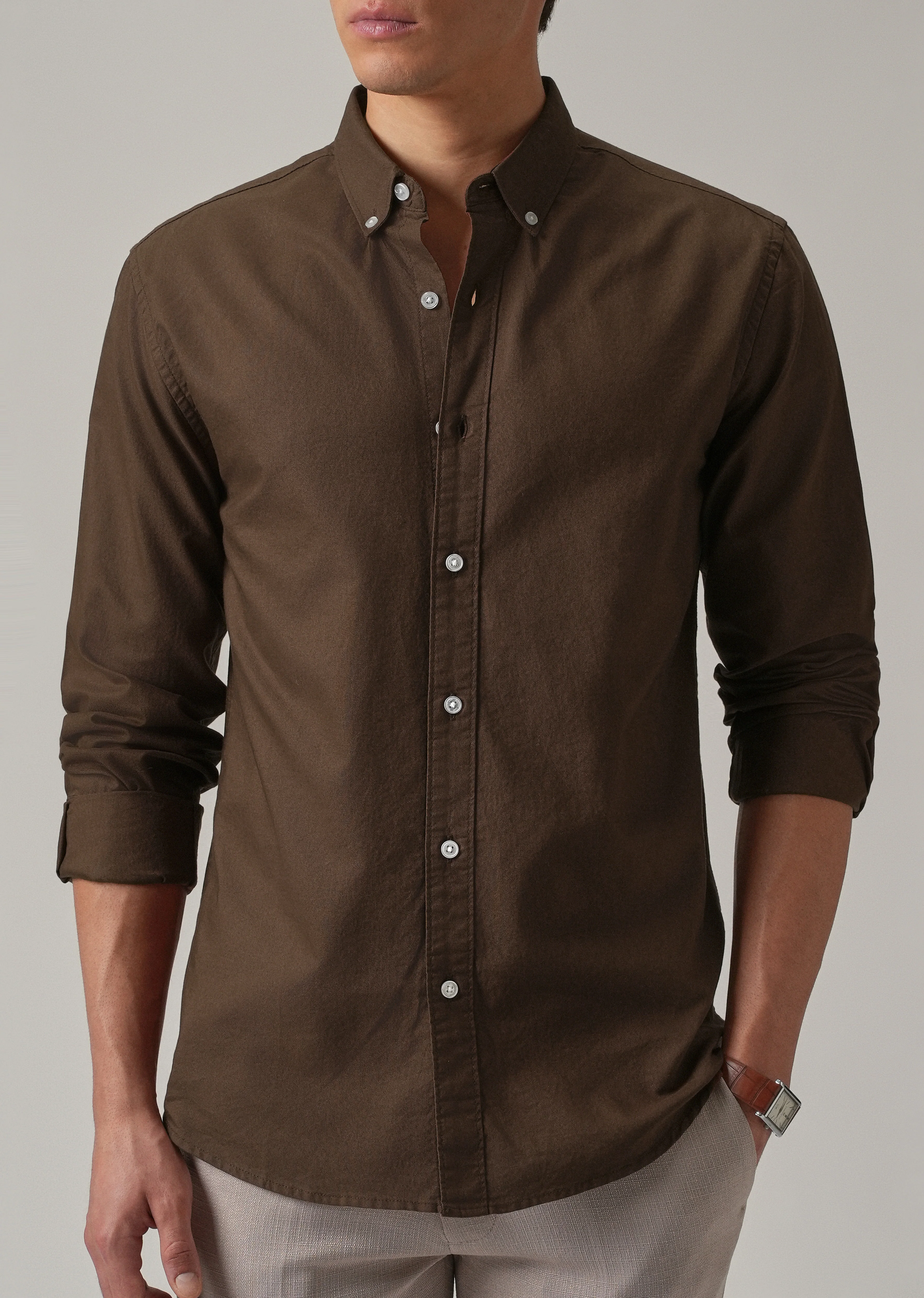 Brown Plain Elbow Patch Oxford Shirt - Image 9