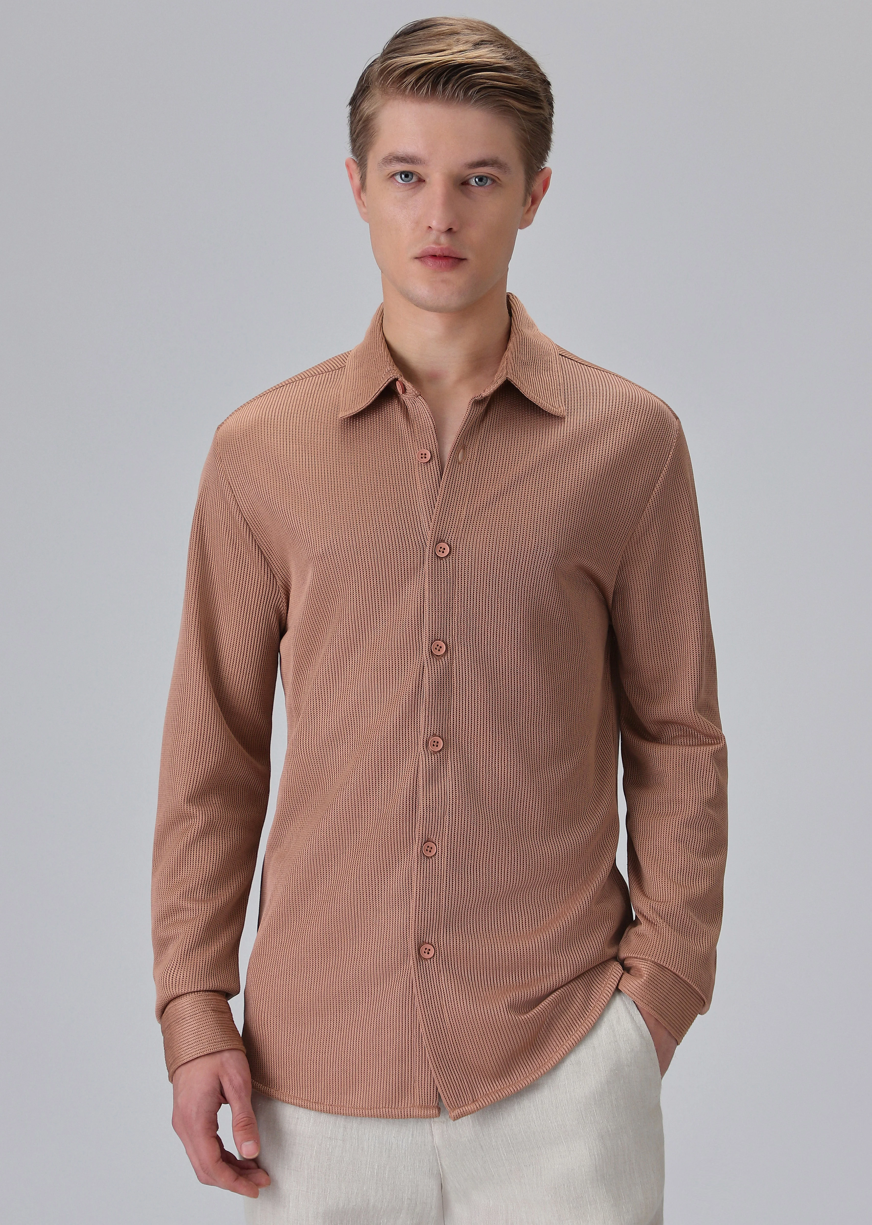 Brown Plain Knitted Shirt - Image 3