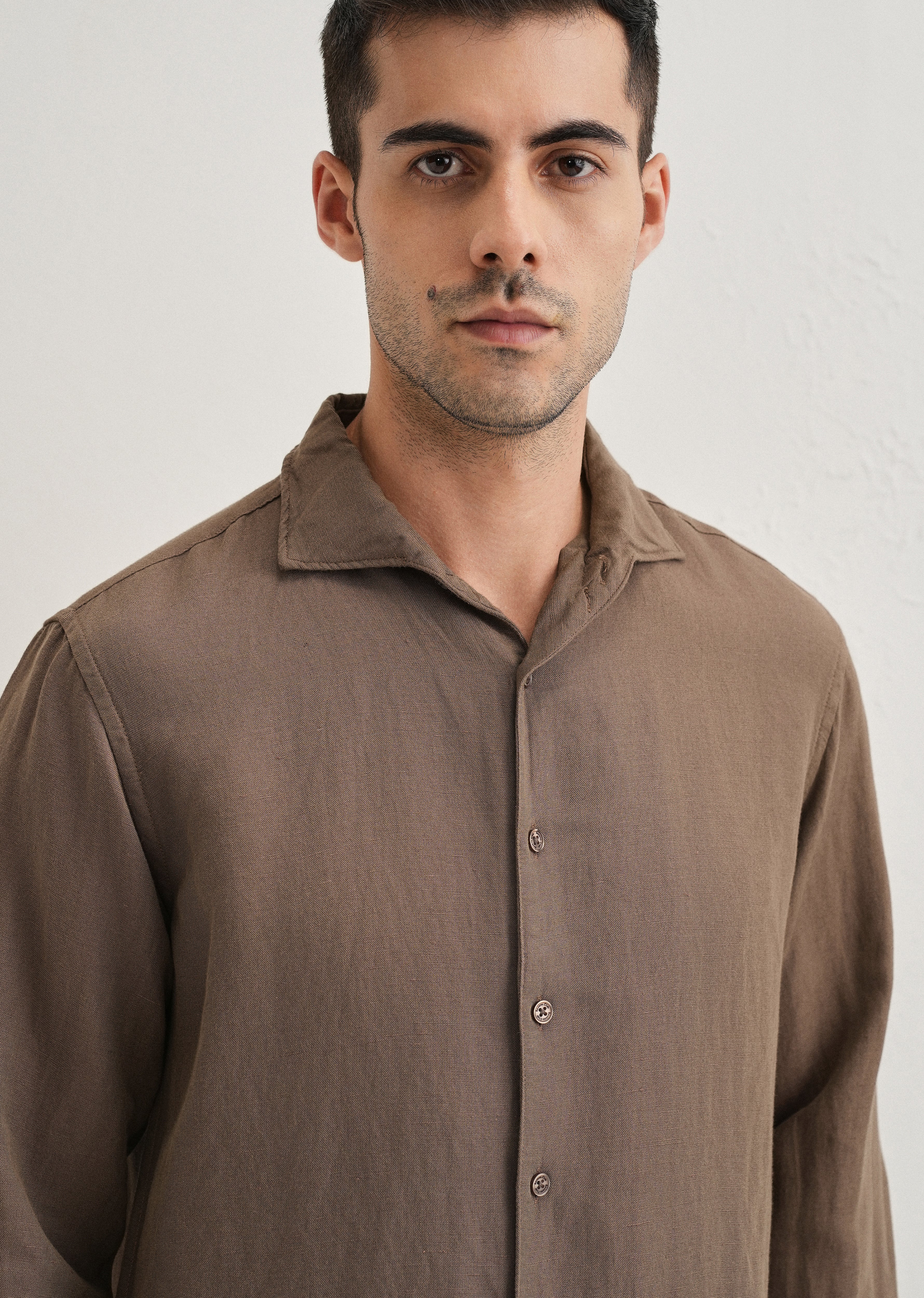Brown Plain Linen Viscose Shirt - Image 2