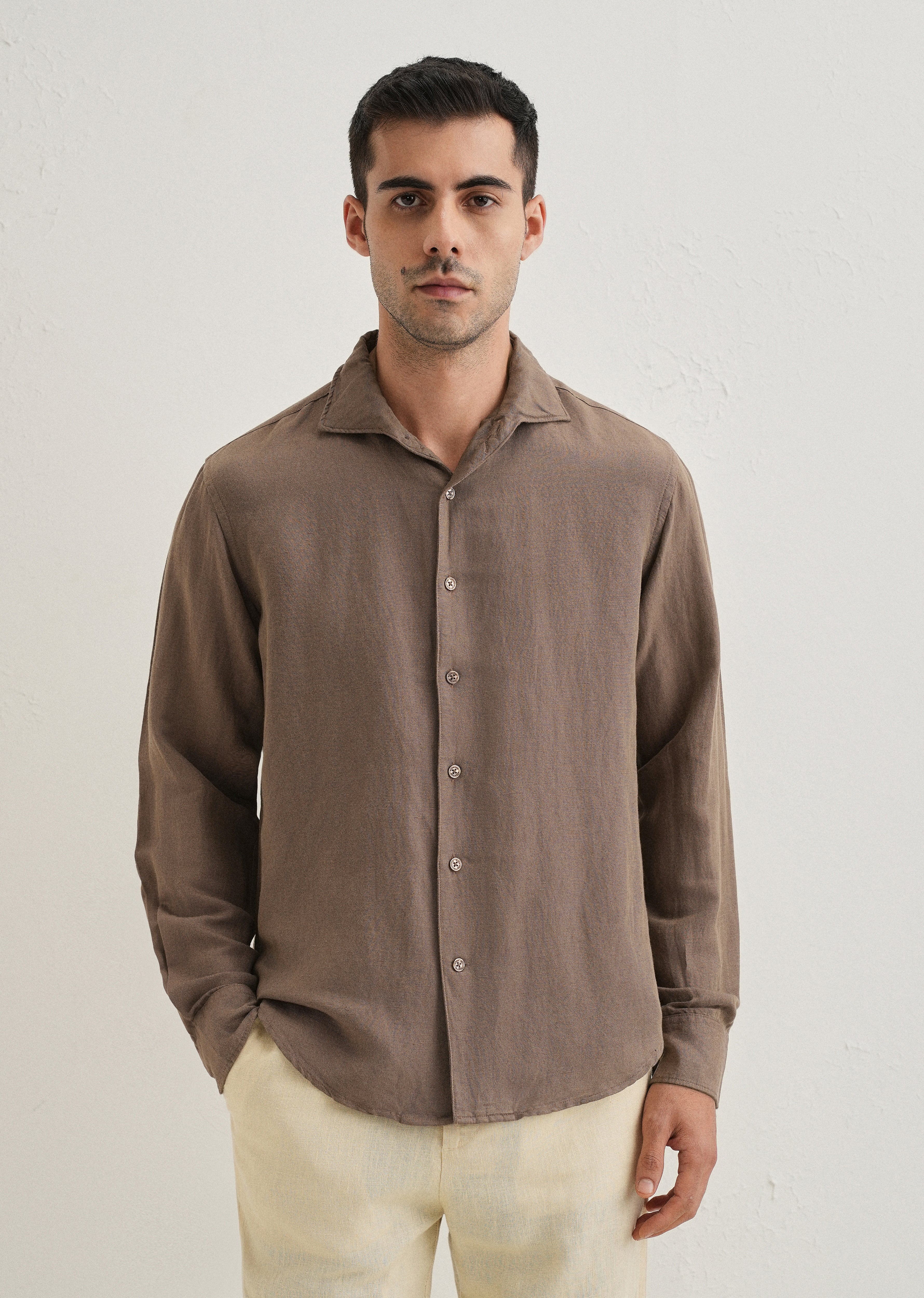 Brown Plain Linen Viscose Shirt - Image 3