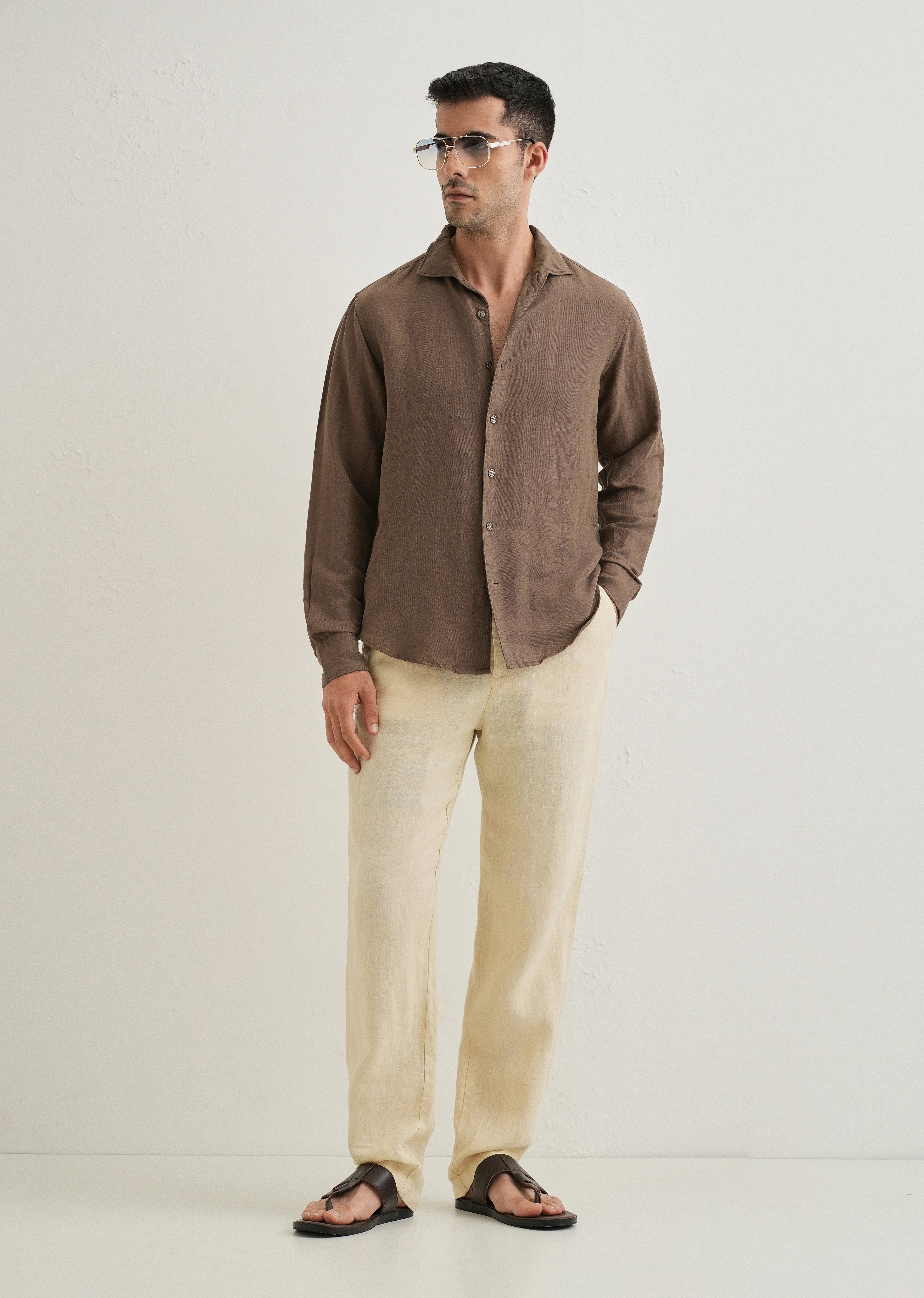 Brown Plain Linen Viscose Shirt - Image 6