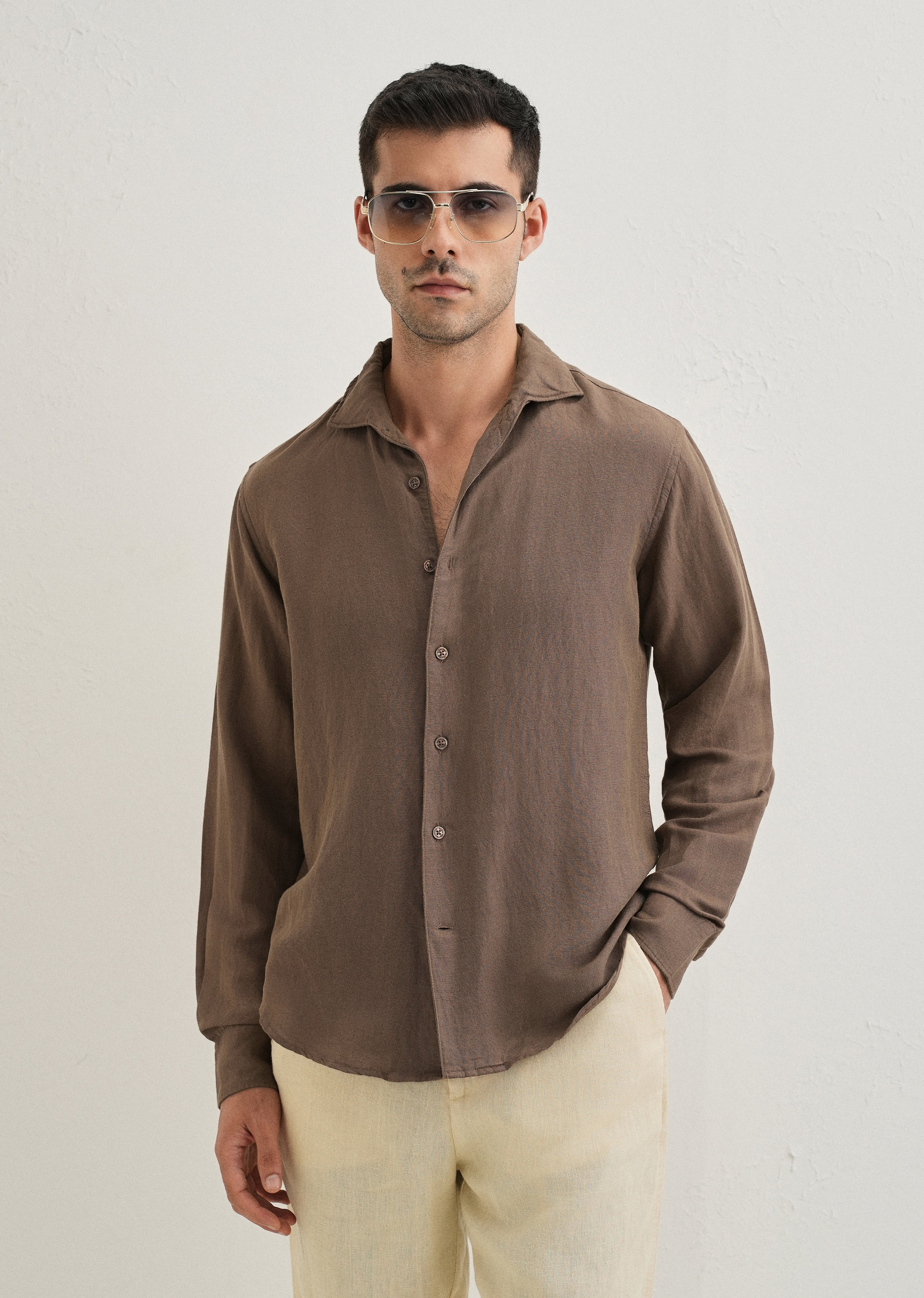 Brown Plain Linen Viscose Shirt - Image 7