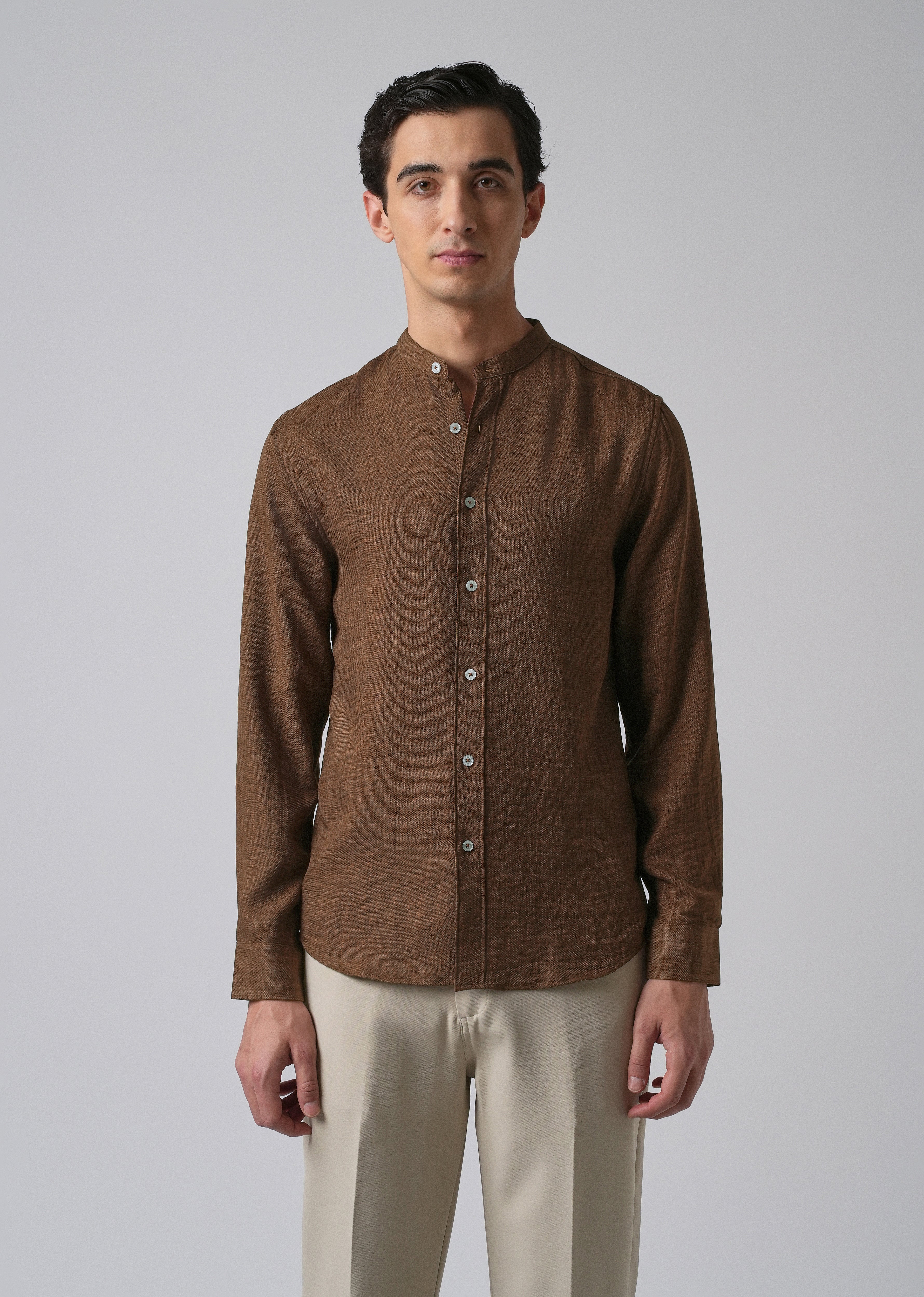 Brown Plain Mandarin Collar Shirt - Image 3