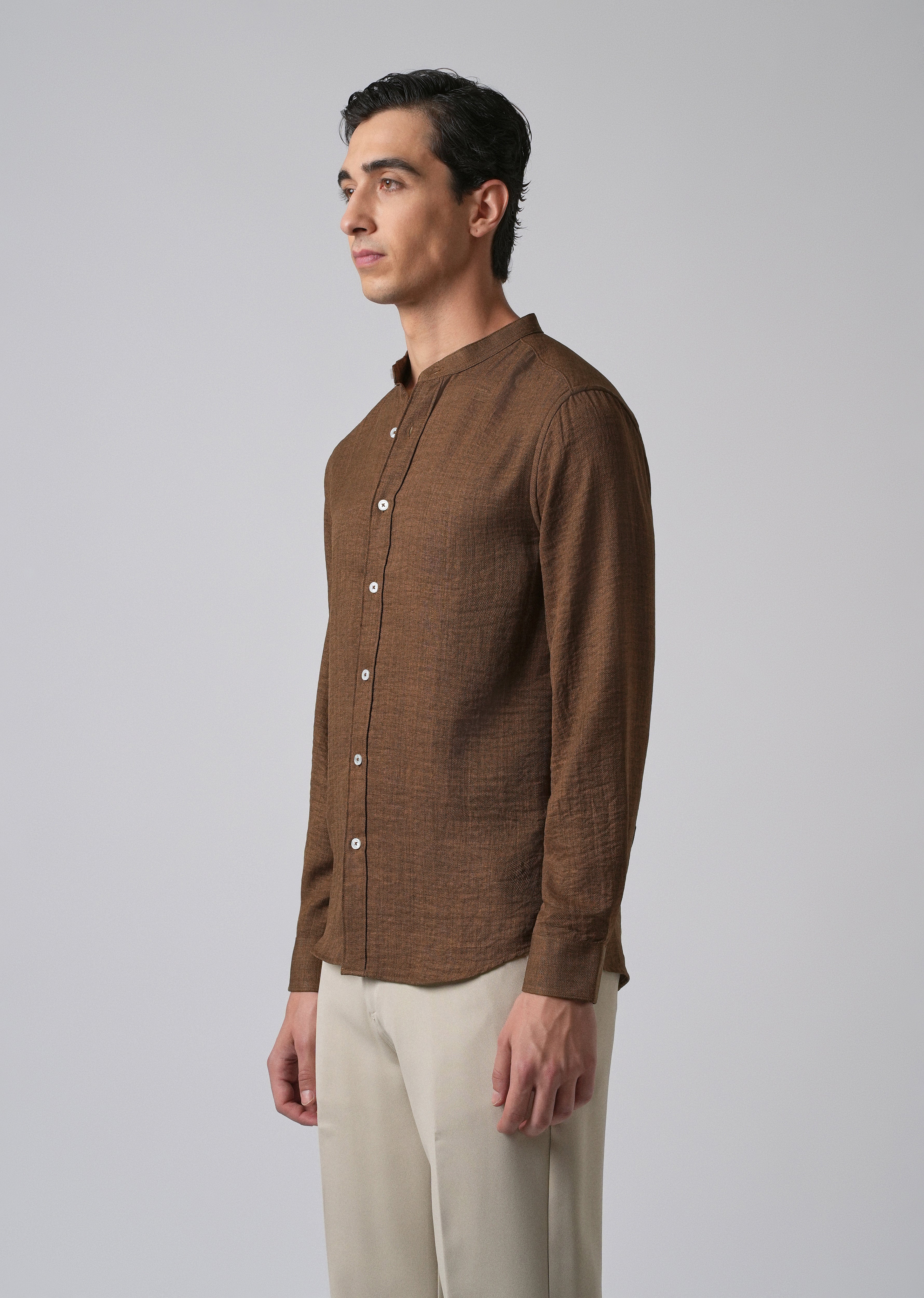 Brown Plain Mandarin Collar Shirt - Image 4