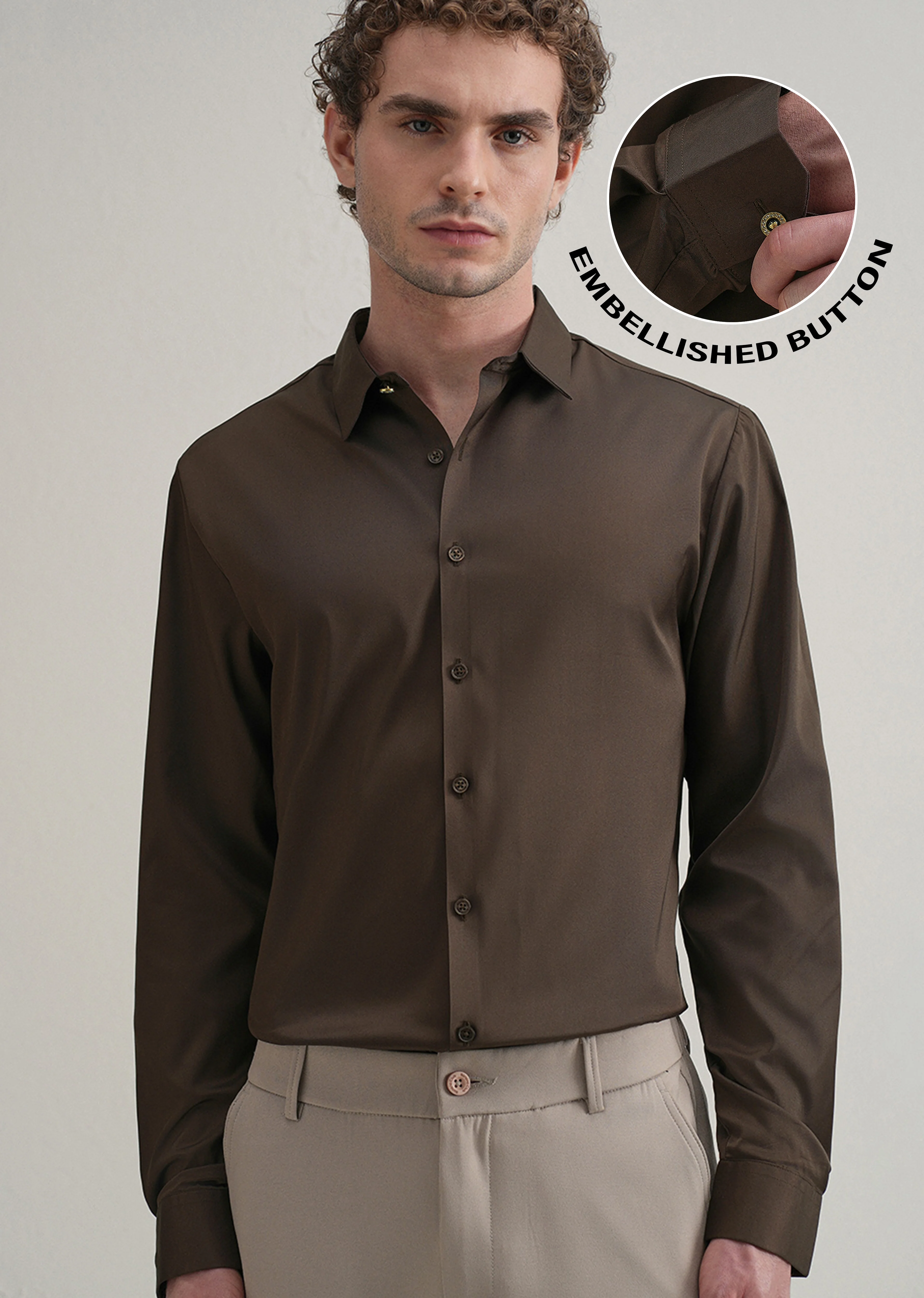 Brown Plain Stitchless Placket Shirt - Image 7