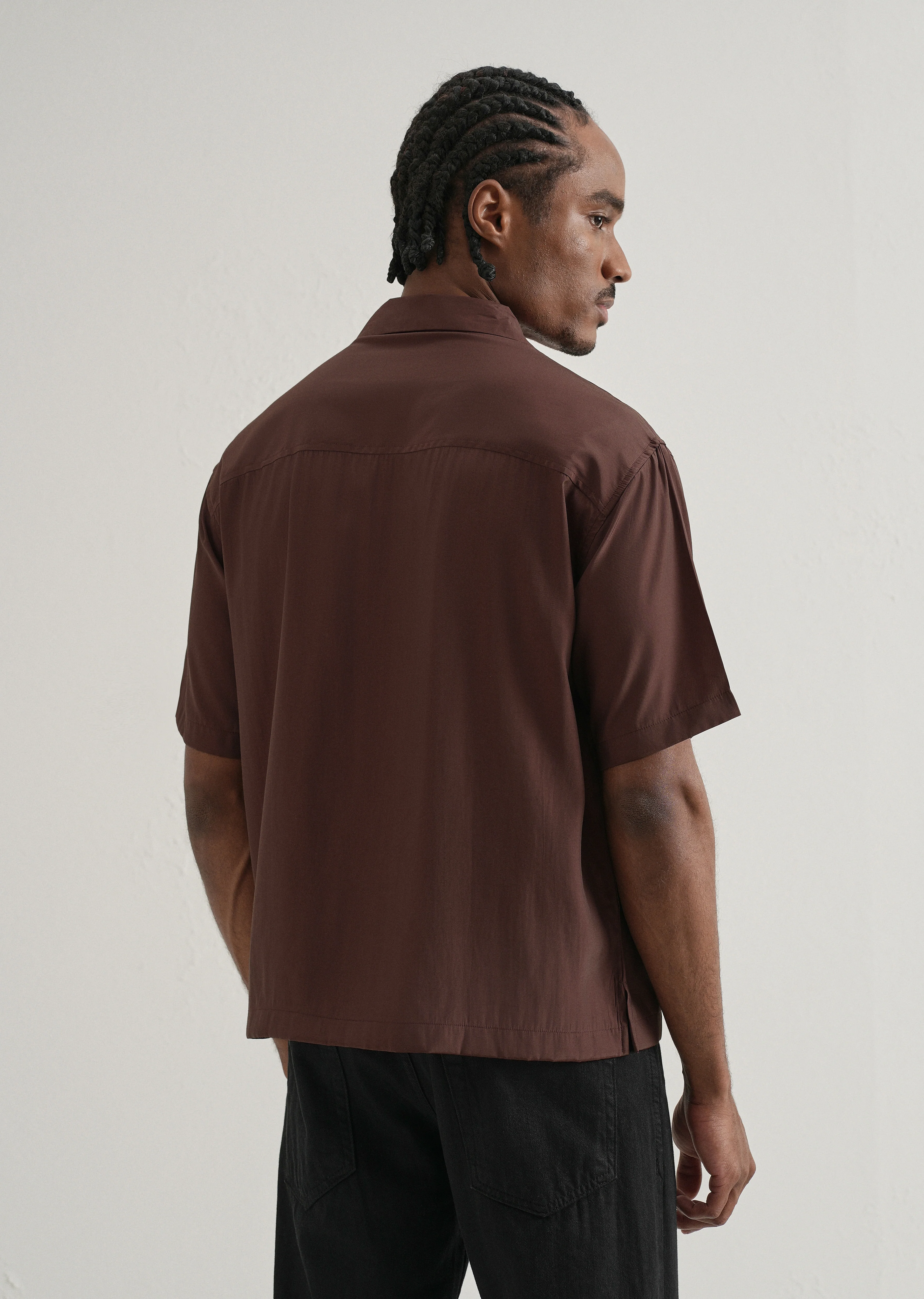 Brown Plain Sheen Cuban Collar Shirt - Image 2