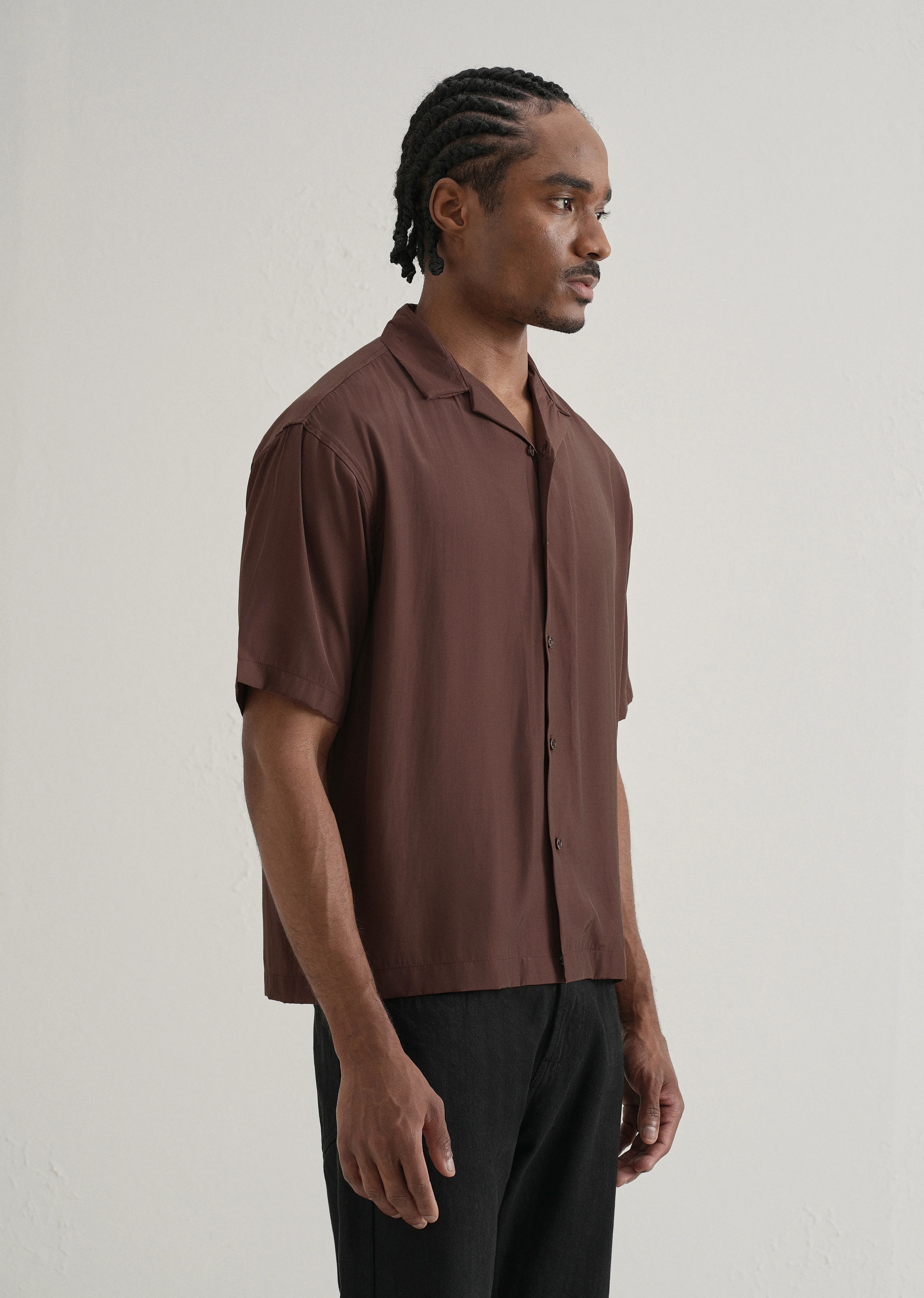 Brown Plain Sheen Cuban Collar Shirt - Image 4