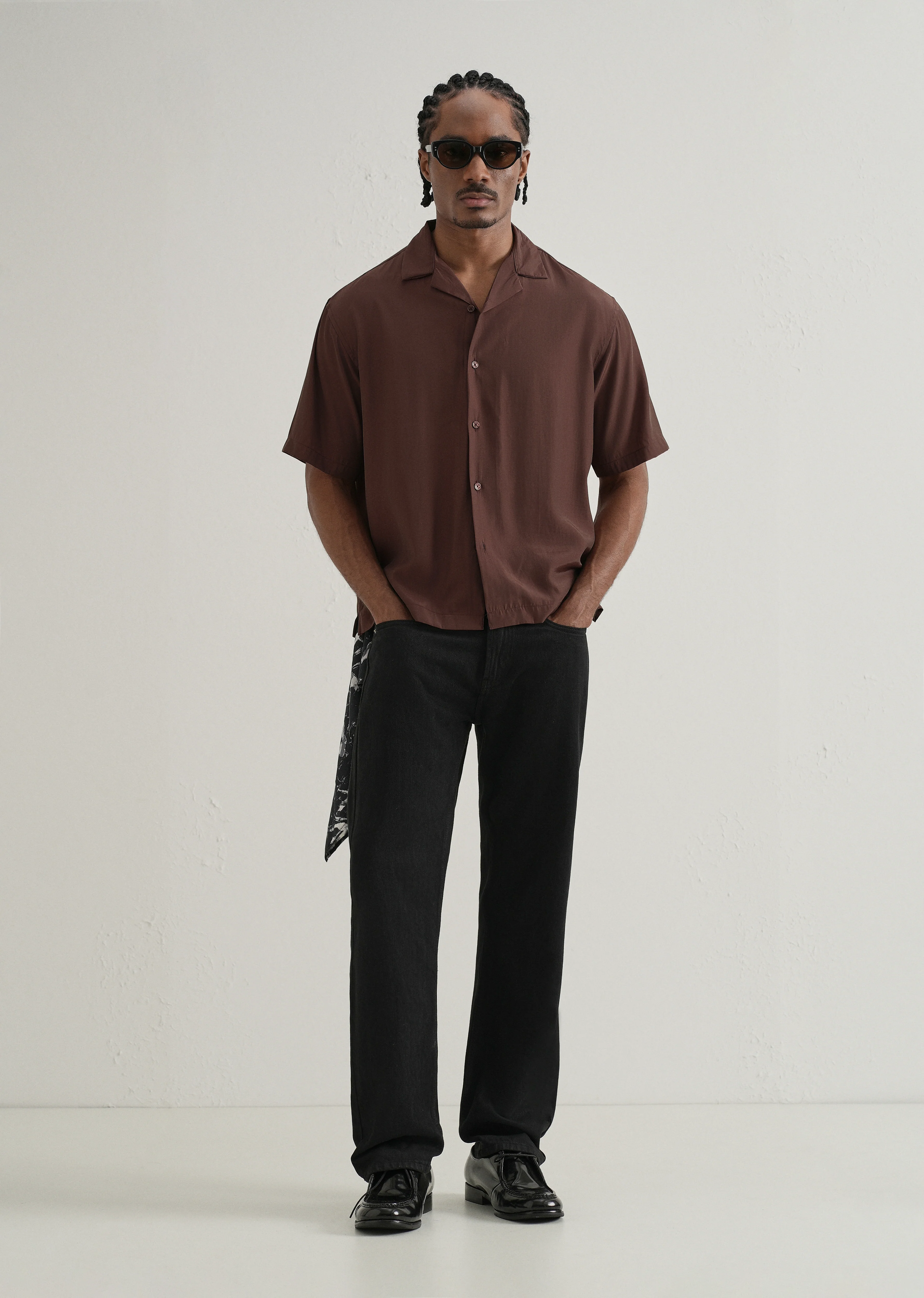 Brown Plain Sheen Cuban Collar Shirt - Image 6