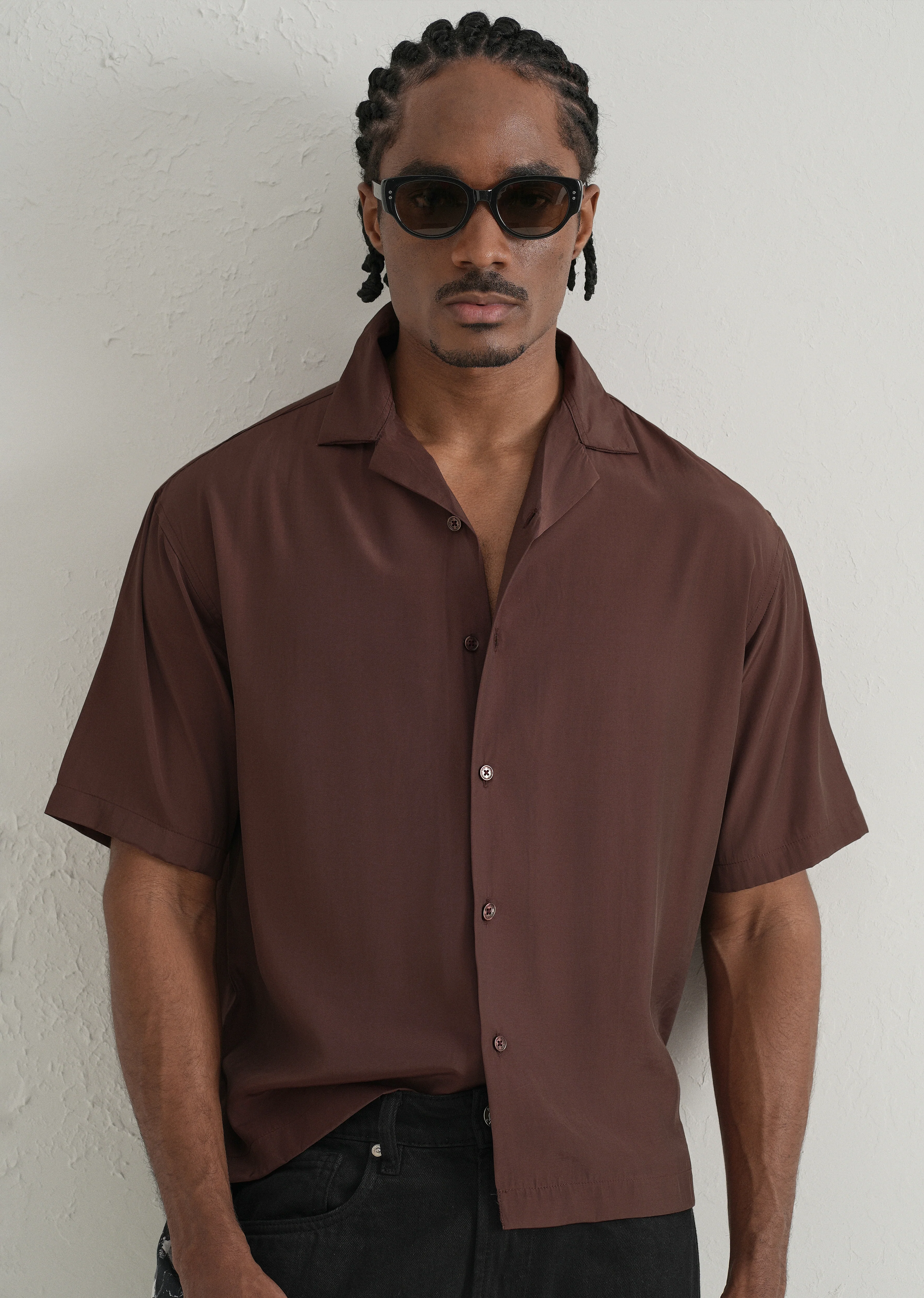 Brown Plain Sheen Cuban Collar Shirt - Image 7