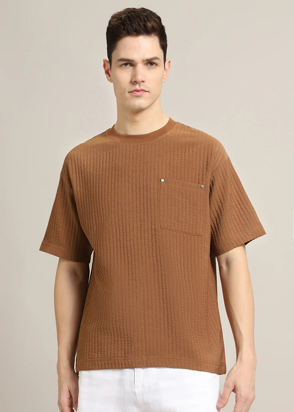 Brown Plain Textured Oversized T-shirt - Image 3