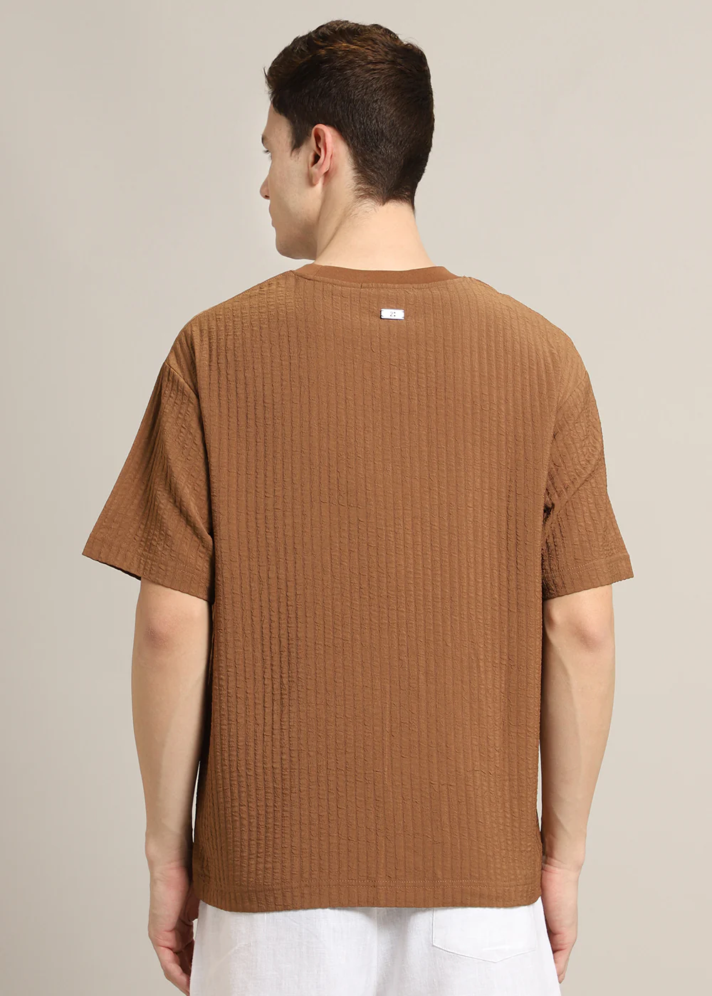 Brown Plain Textured Oversized T-shirt - Image 4
