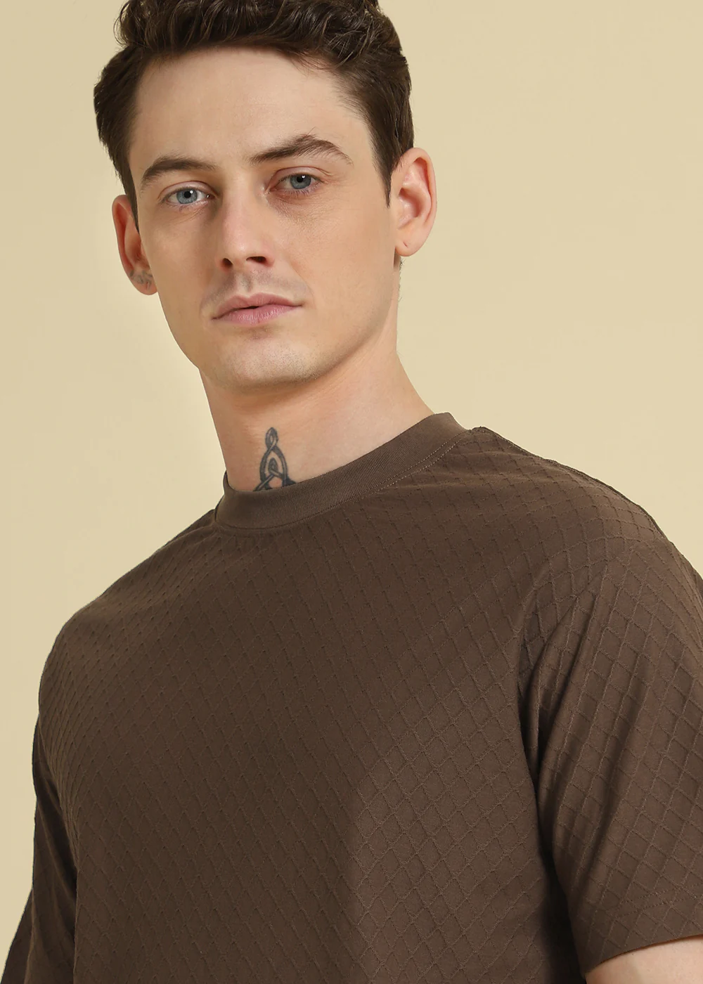 Brown Plain Textured Regular T-shirt - Image 2